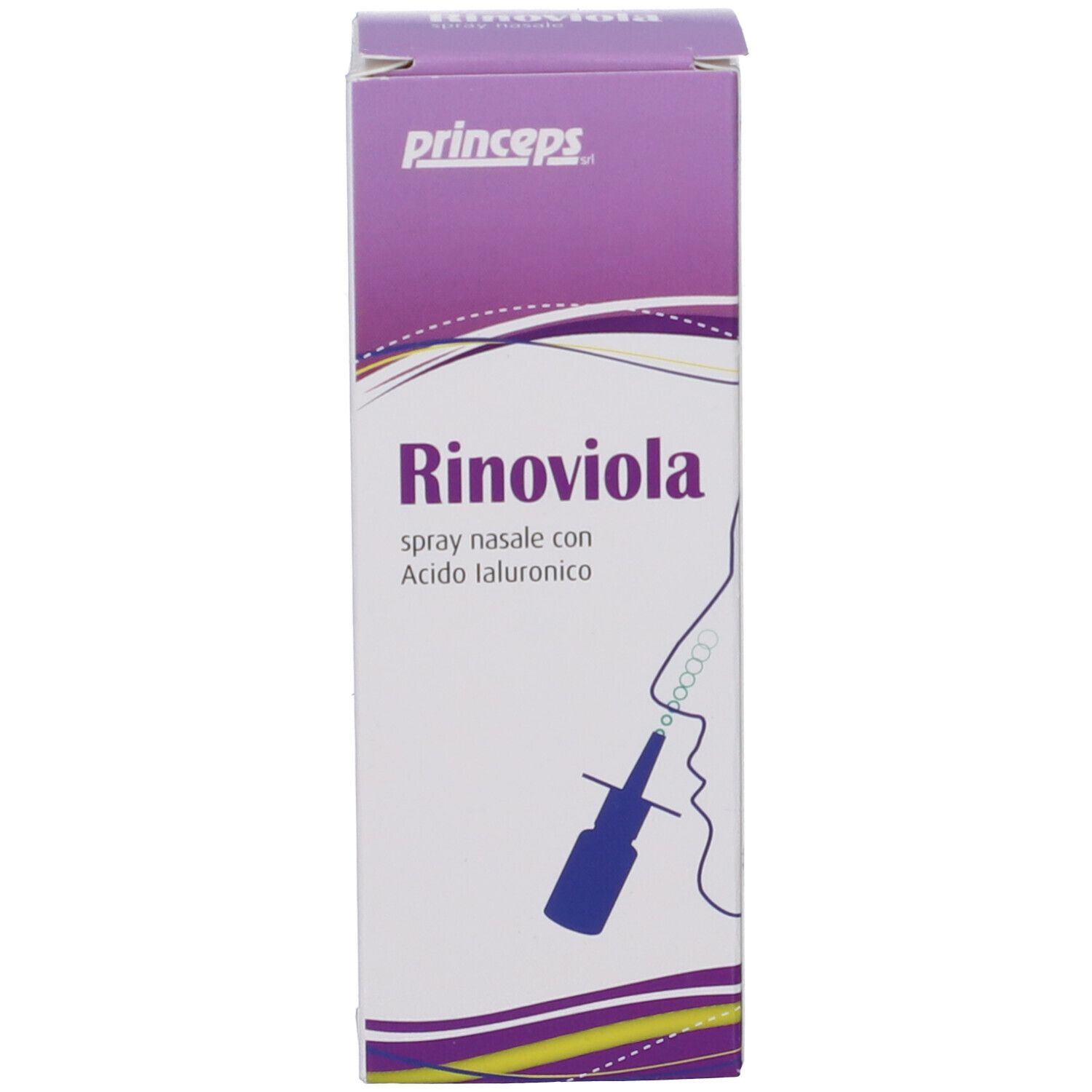 Confezione del prodotto con Rinoviola Spray Nasale. Marchio Princeps. Illustrazione del prodotto.