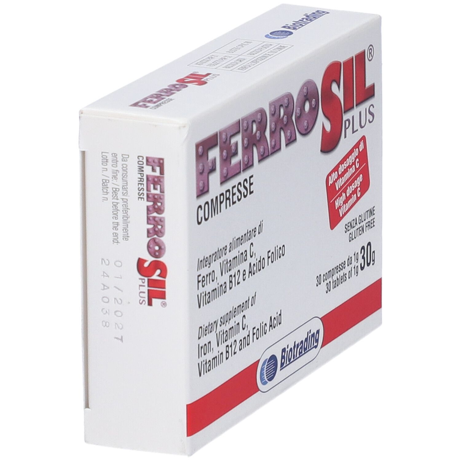 Scatola bianca, logo "Ferrosil Plus". Contiene 30 compresse. Scritto: "Compresse", "Integratore alimentare". Vista laterale.