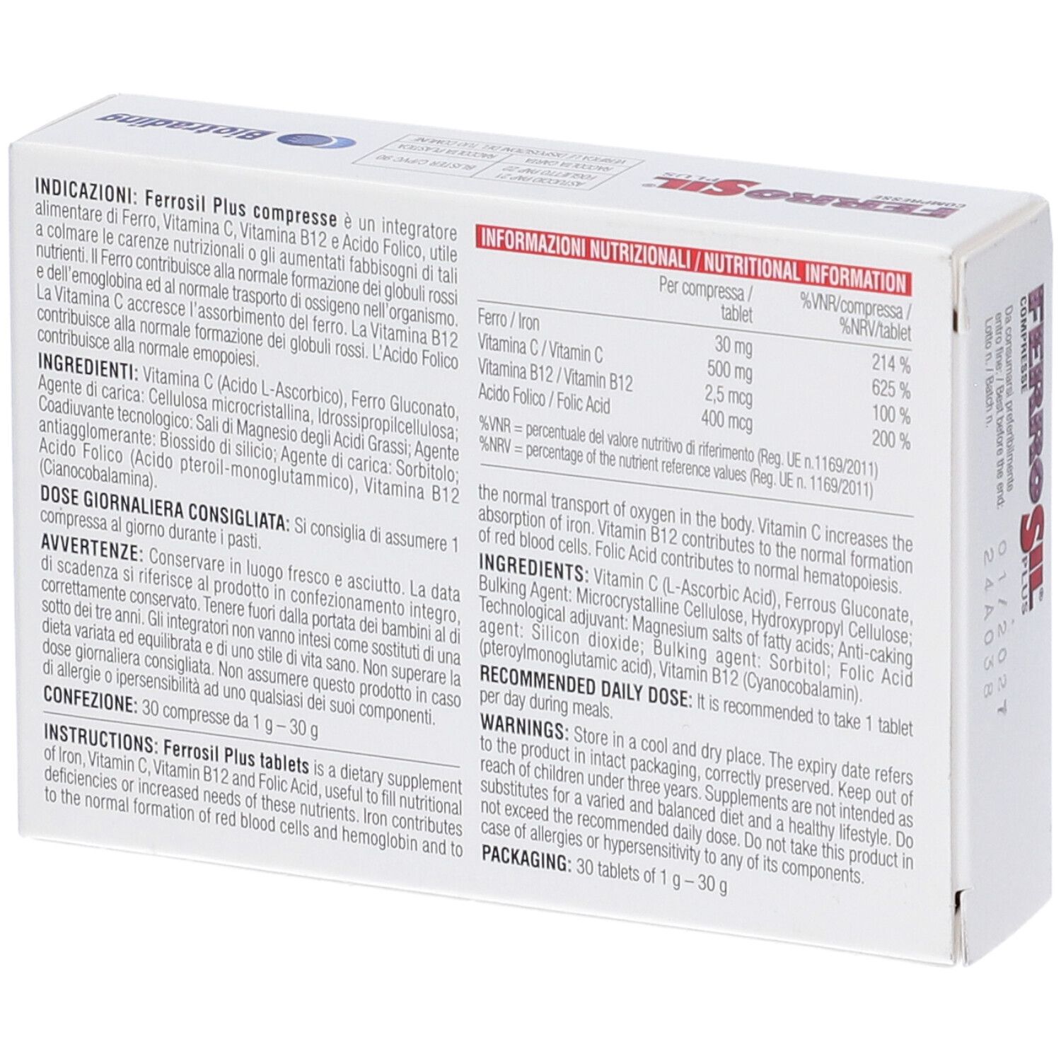 Retro della scatola "Ferrosil Plus". Contiene informazioni su ingredienti, dosaggio e avvertenze.