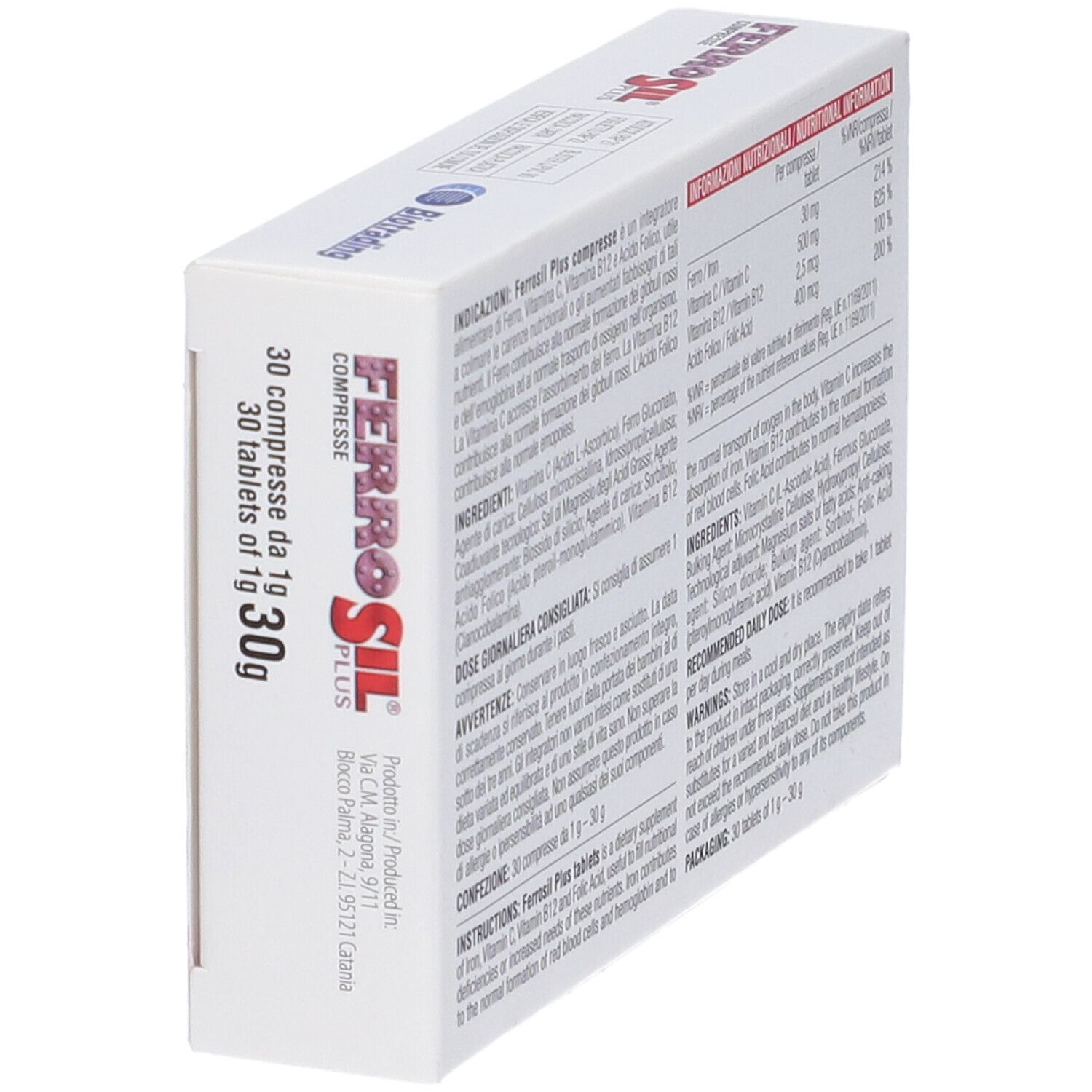 Vista laterale della scatola "Ferrosil Plus". Contiene informazioni e testo.