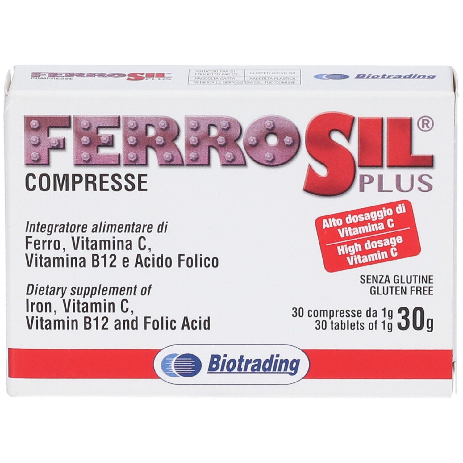 Scatola bianca con logo rosso "Ferrosil Plus". Contiene 30 compresse. Scritto: "Compresse", "Integratore alimentare".
