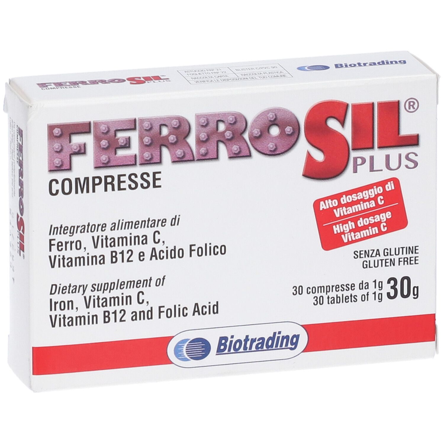Scatola bianca con logo rosso "Ferrosil Plus". Contiene 30 compresse. Scritto: "Compresse", "Integratore alimentare".
