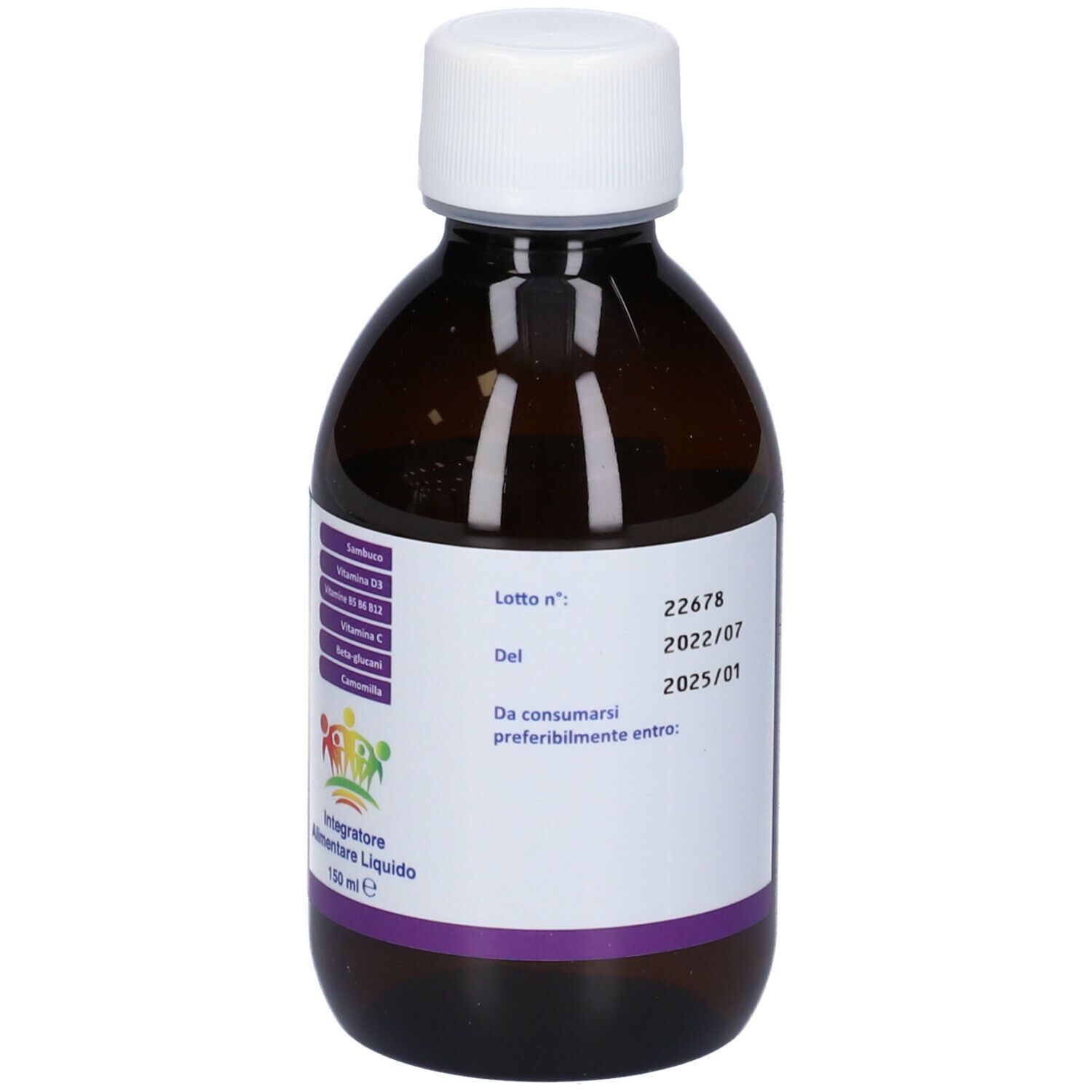 Bottiglia di vetro marrone con tappo bianco. Etichetta con numero di lotto, scadenza e ingredienti. Liquido visibile.