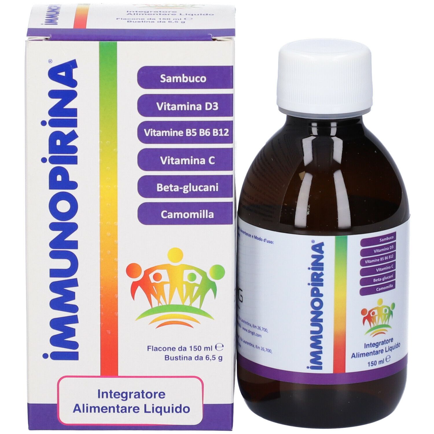 Scatola e bottiglia. Sulla scatola, Immunopirina. Sulla bottiglia, Immunopirina. Bottiglia con liquido.