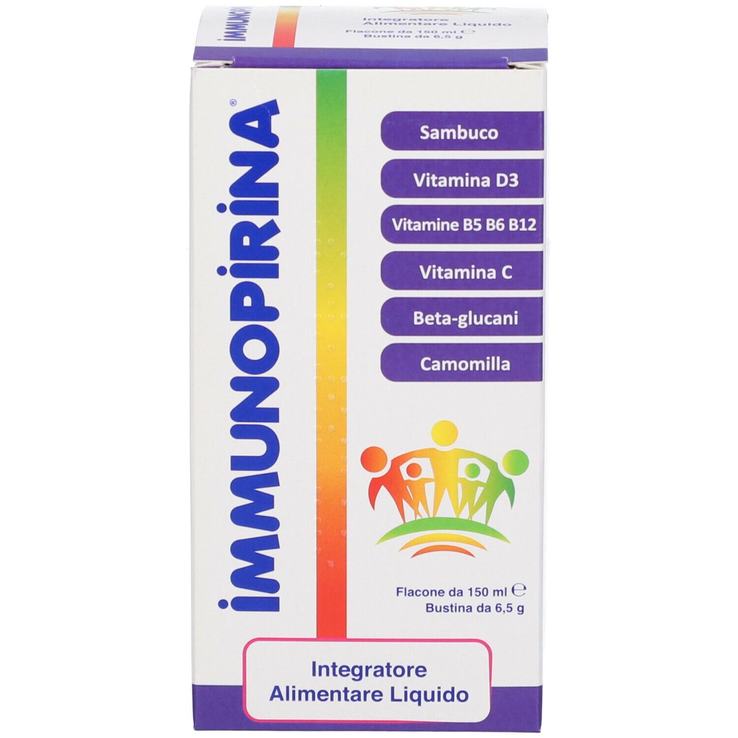Scatola con logo Immunopirina e ingredienti. Bottiglia da 150 ml e bustina da 6,5 g.