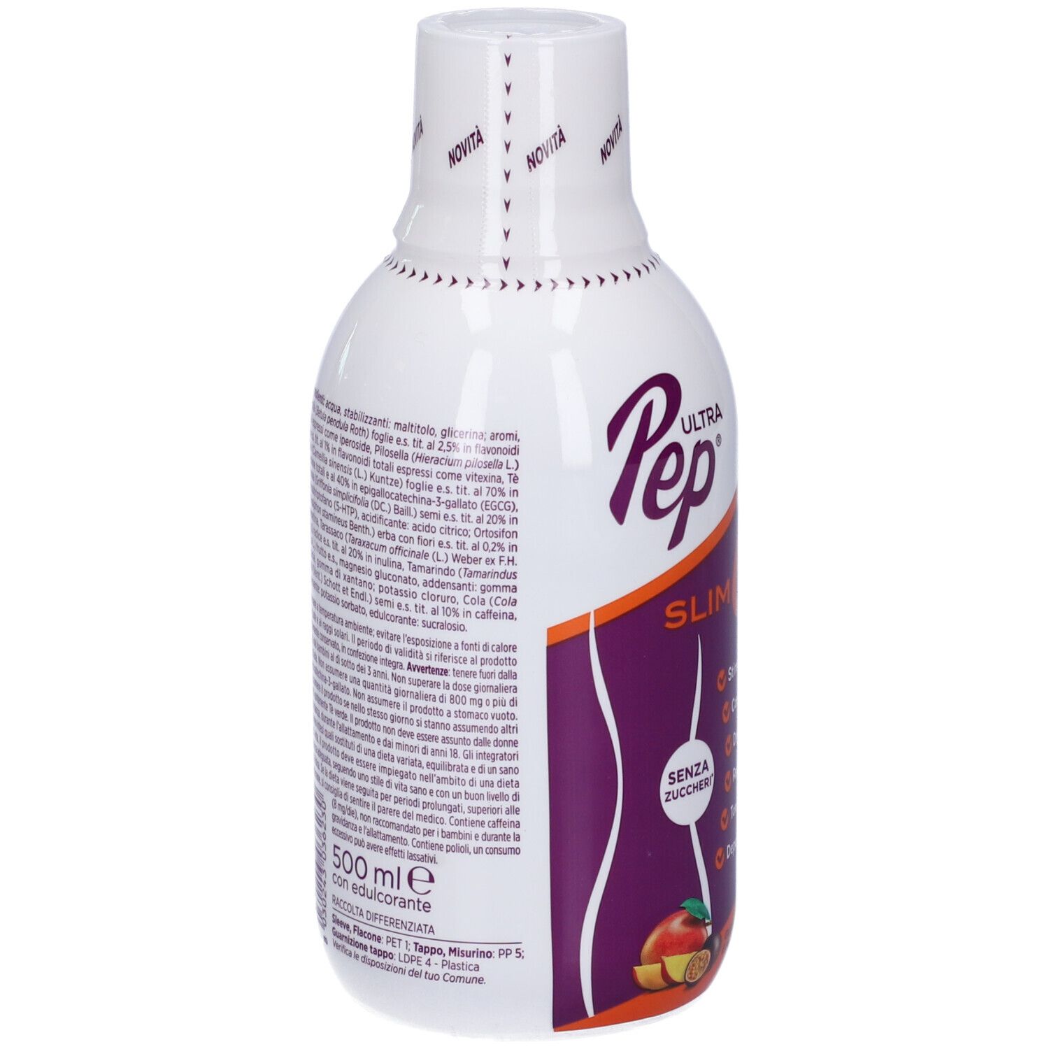 Retro della bottiglia con ingredienti e informazioni nutrizionali. 'Ultra Pep Slim 6 Zero'. 500 ml.
