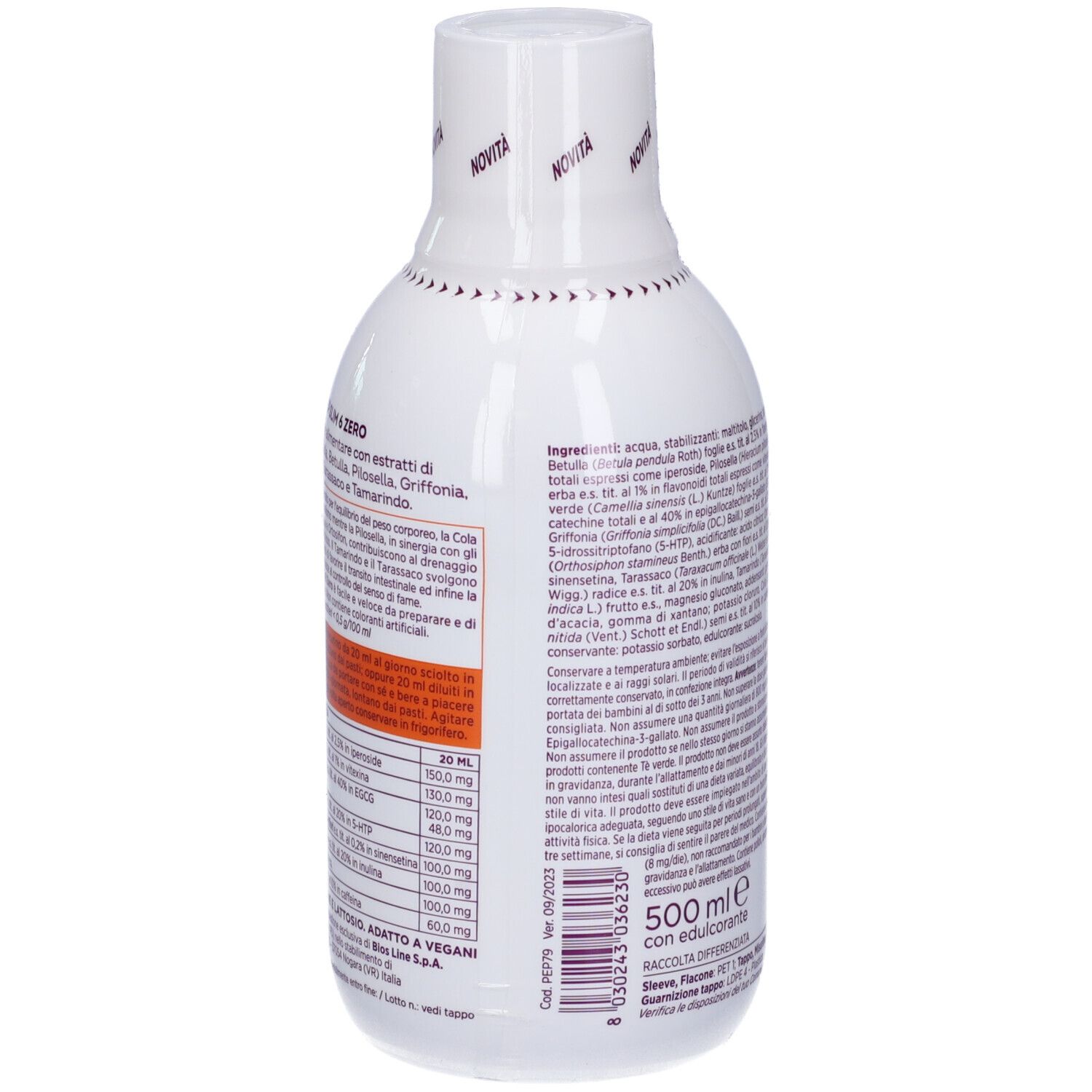 Retro della bottiglia con ingredienti e informazioni nutrizionali. 'Ultra Pep Slim 6 Zero'. 500 ml.