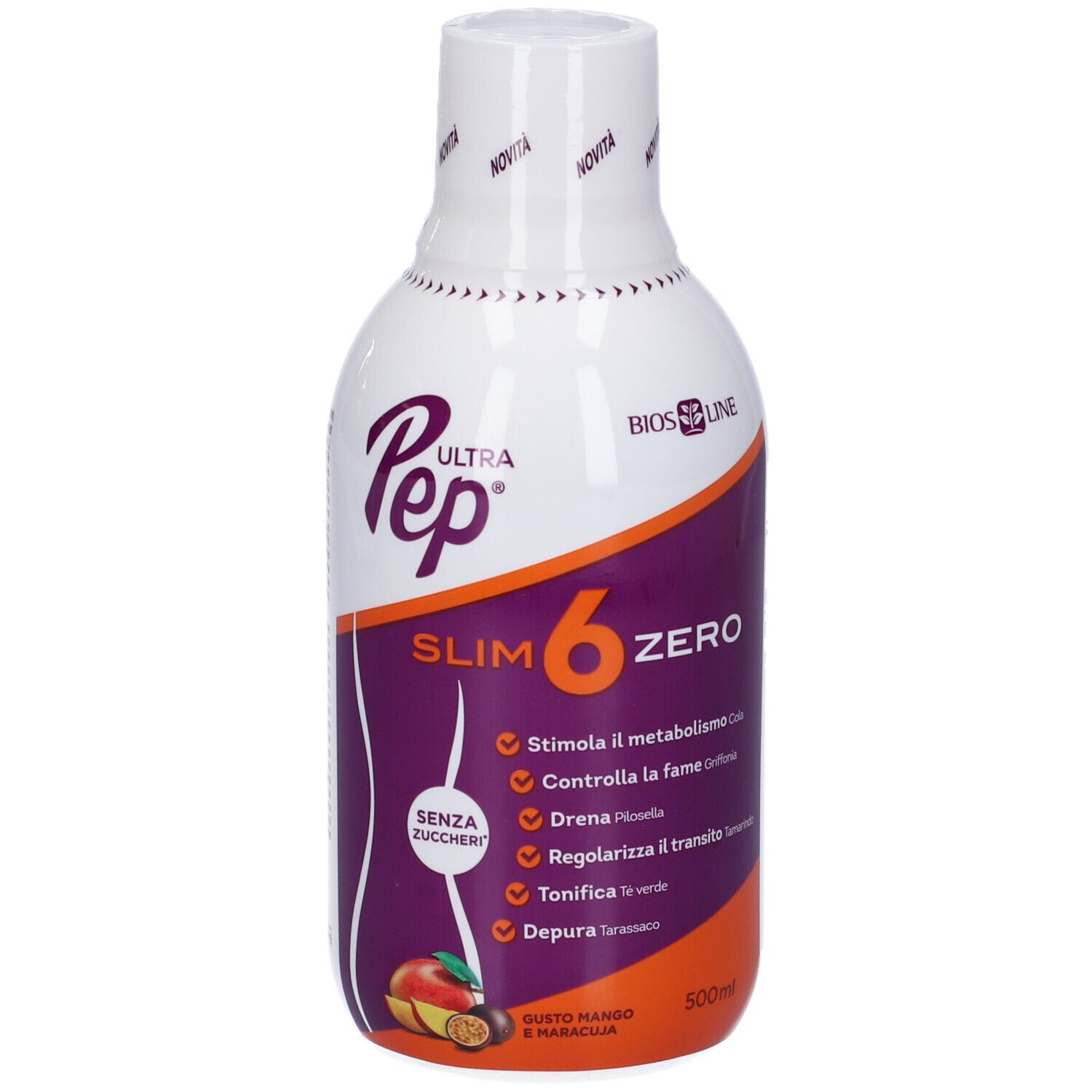 Bottiglia bianca e viola con 'Ultra Pep Slim 6 Zero'. Gusto mango-maracuja. 'Senza zuccheri'.