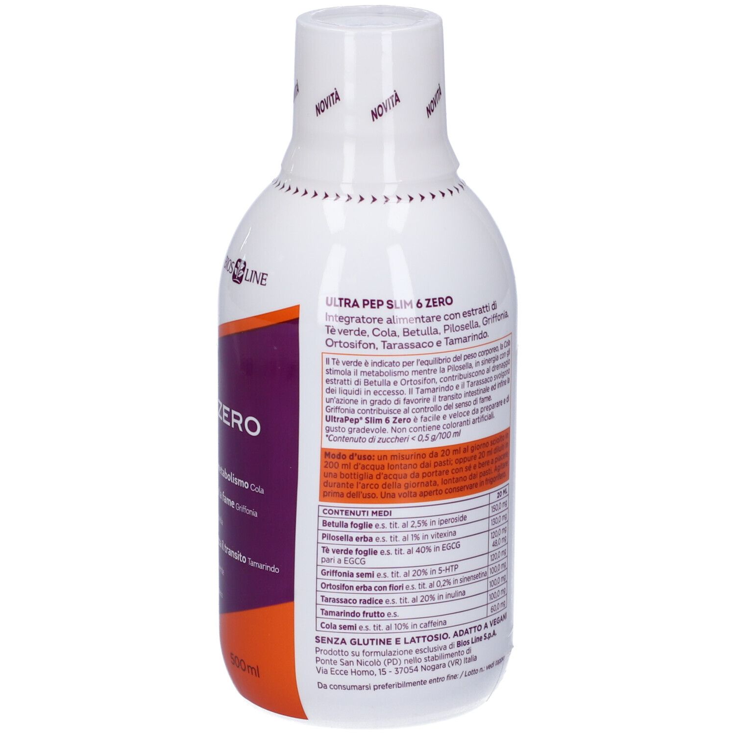 Retro della bottiglia con ingredienti e informazioni nutrizionali. 'Ultra Pep Slim 6 Zero'. 500 ml.