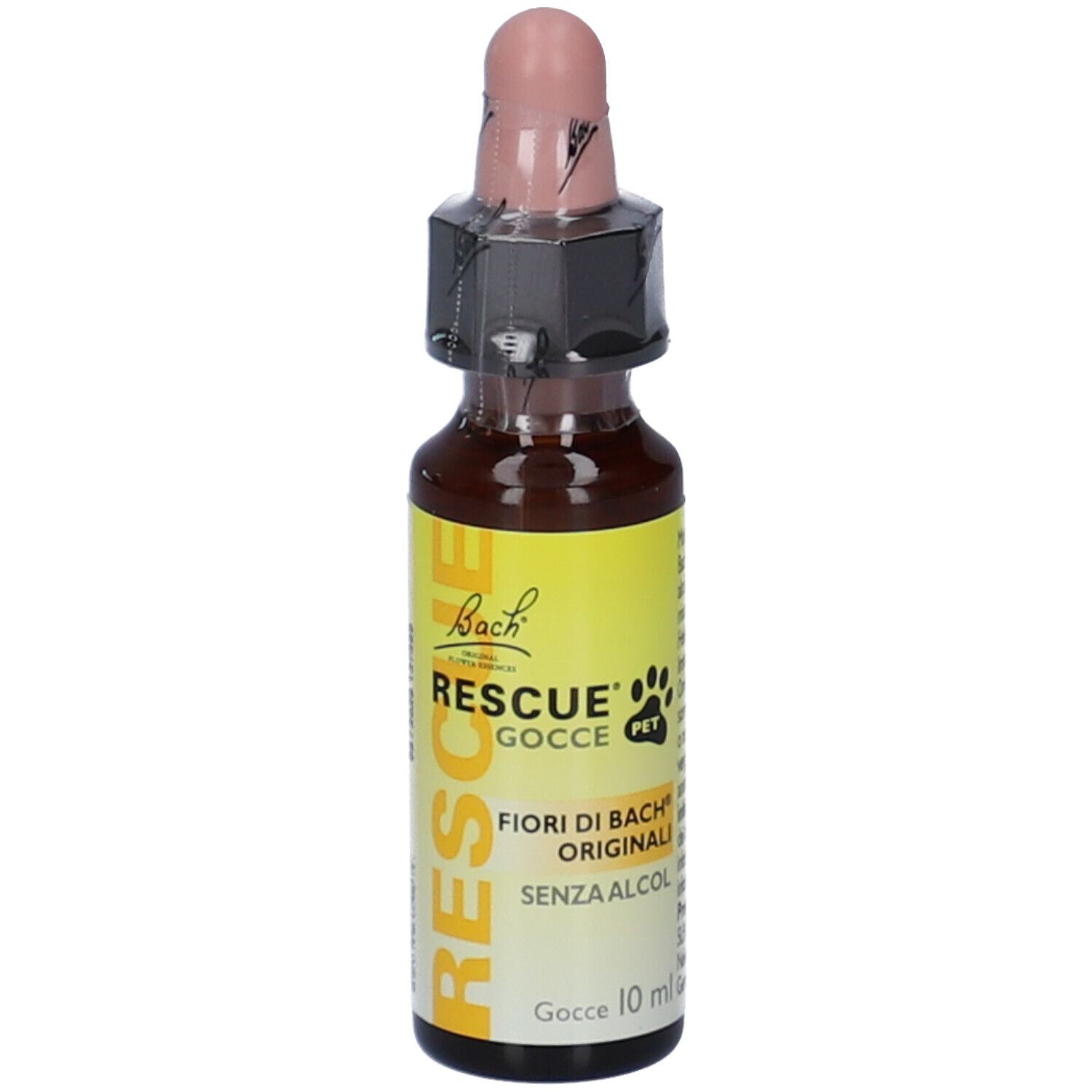 Flacone di vetro marrone con tappo rosa. Etichetta gialla con testo: RESCUE Gocce PET, senza alcool. Simbolo zampa.