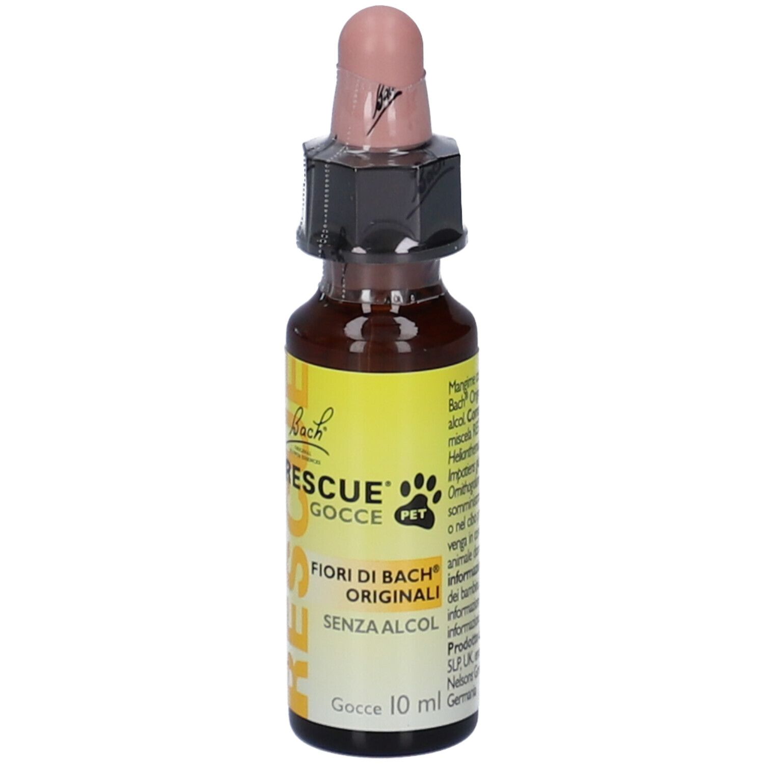 Flacone di vetro marrone con tappo rosa. Etichetta gialla con testo: RESCUE Gocce PET, senza alcool. Simbolo zampa.