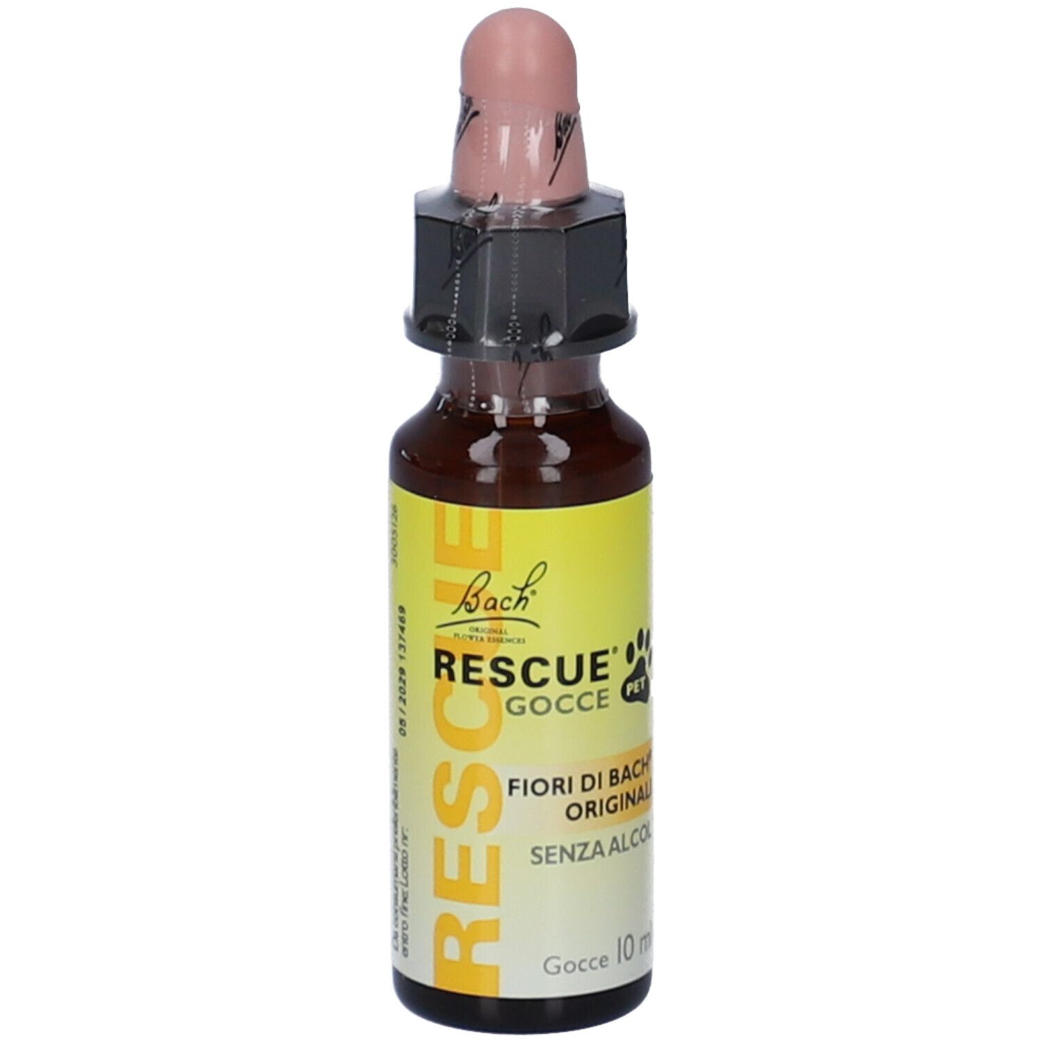 Flacone di vetro marrone con tappo rosa. Etichetta gialla con testo: RESCUE Gocce PET, senza alcool. Simbolo zampa.