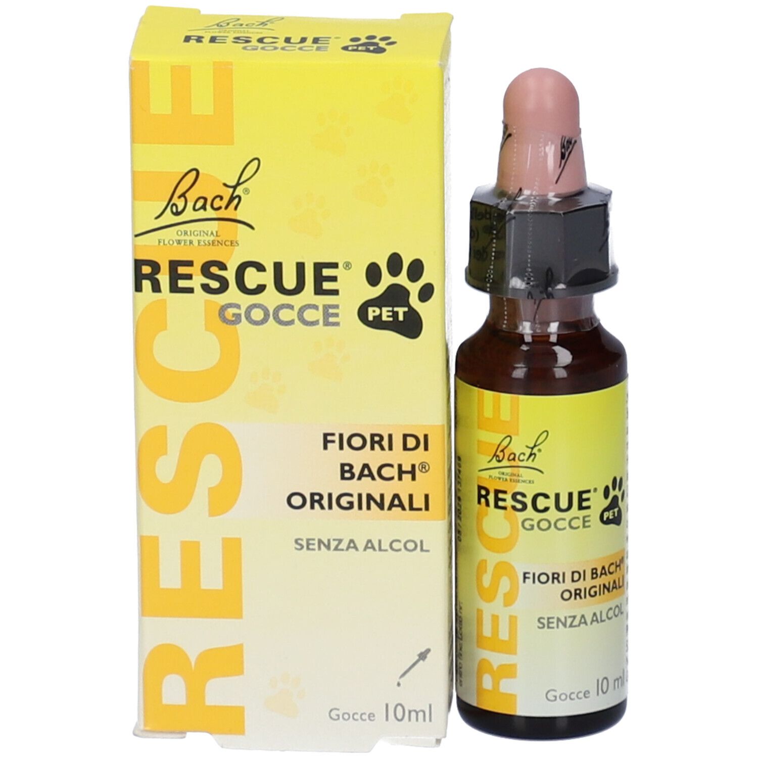 Confezione del prodotto con flacone. Scatola gialla con testo: RESCUE Gocce PET, senza alcool. Flacone con tappo rosa.