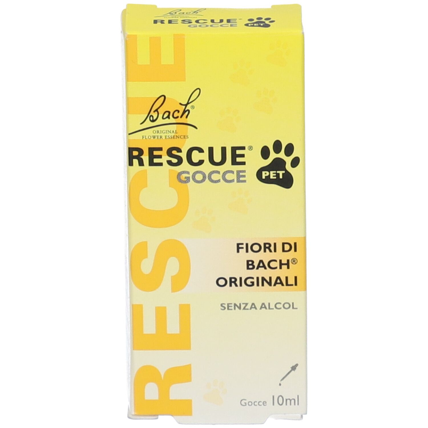 Confezione del prodotto gialla. Testo: RESCUE Gocce PET, senza alcool. Simbolo zampa. Illustrazione del flacone.
