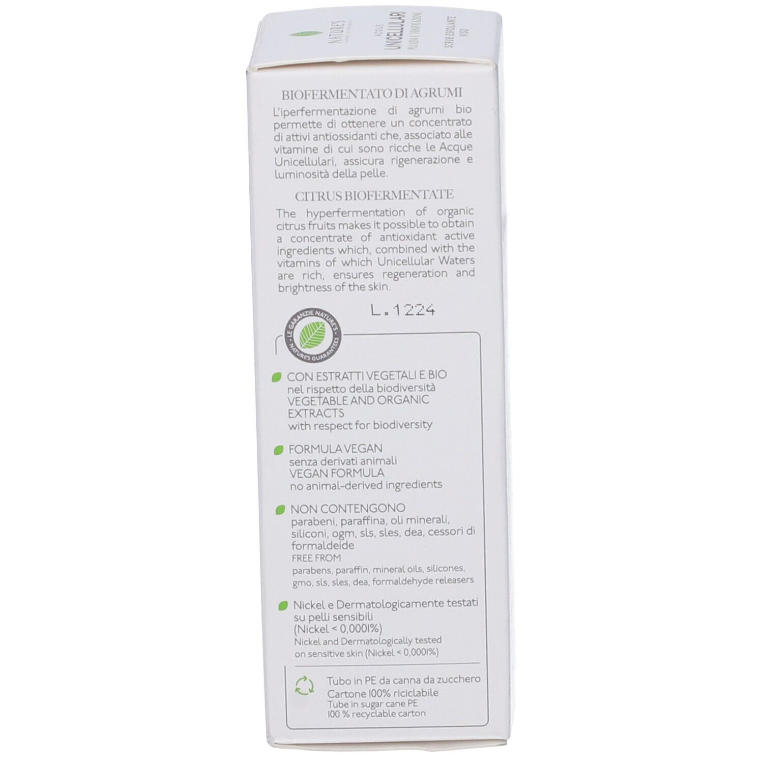 Retro della confezione. Testo: Ingredienti, biofermento, formula vegana, senza ingredienti di origine animale. Testato al nichel.