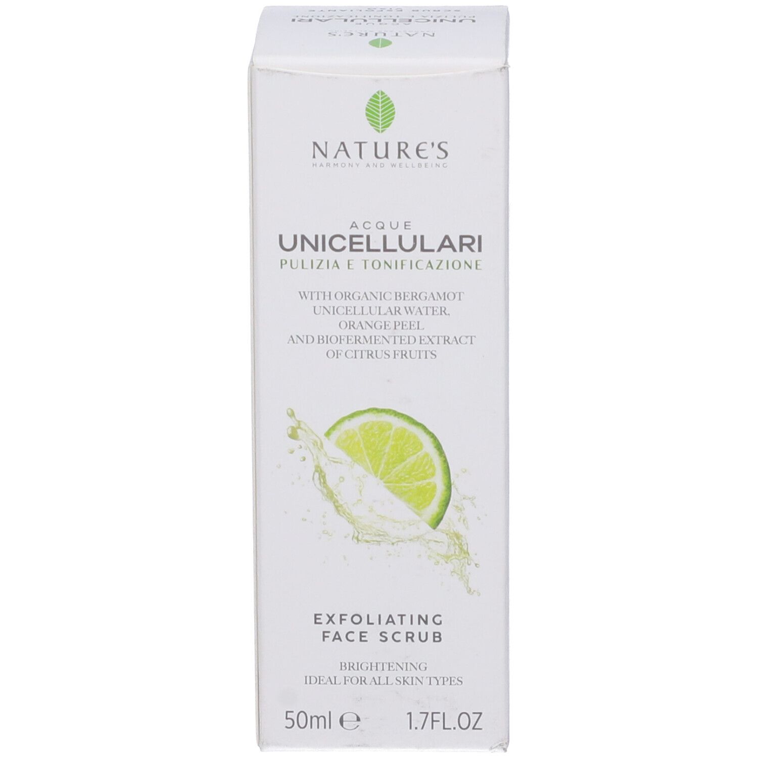 Confezione in cartone. In alto: Logo Nature's. Scritta: Acque Unicellulari, Scrub Esfoliante Viso. 50ml, 1.7FL.OZ. Illustrazione: fetta di lime.