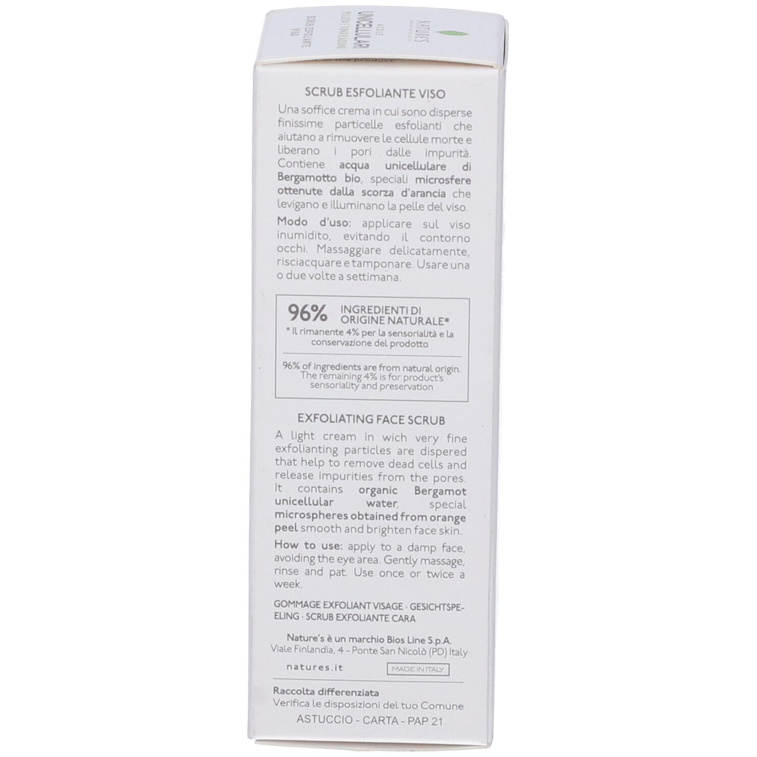 Lato della confezione. Testo: Modo d'uso, ingredienti, 96% ingredienti di origine naturale. Indirizzo Nature's, Made in Italy.