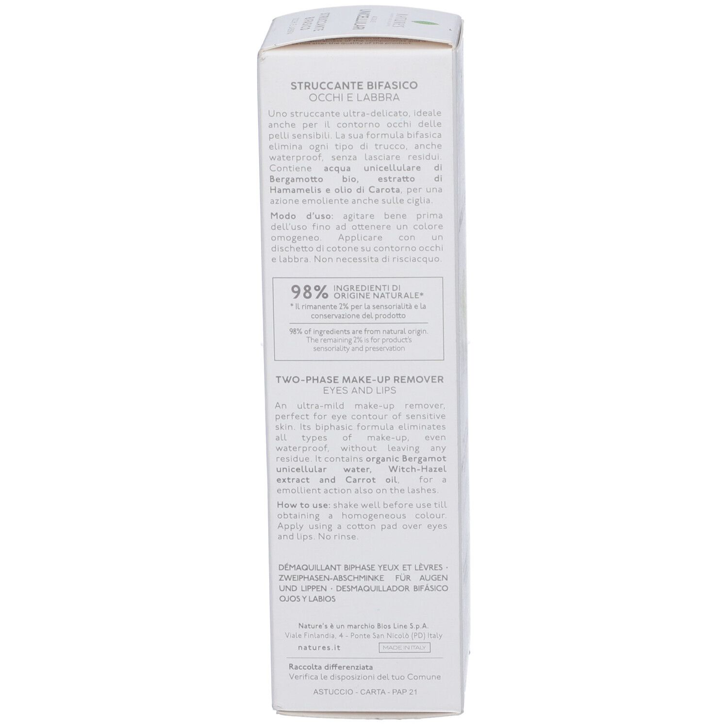 Confezione con informazioni sul prodotto. Contiene testo sugli ingredienti e l'uso. 98% di ingredienti di origine naturale.