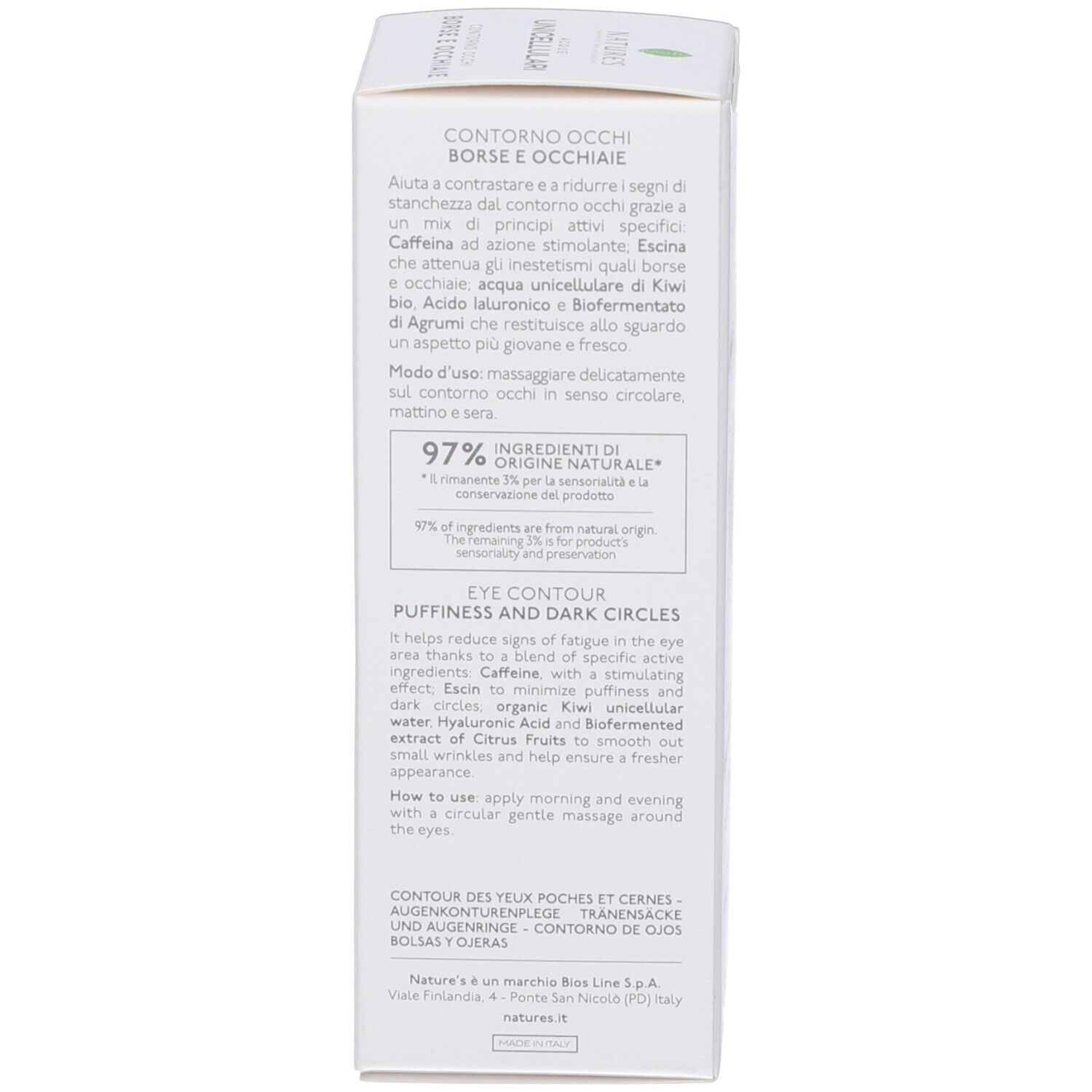 Retro confezione NATURE'S Acque Unicellulari Idratazione Contorno Occhi. Testo e logo.