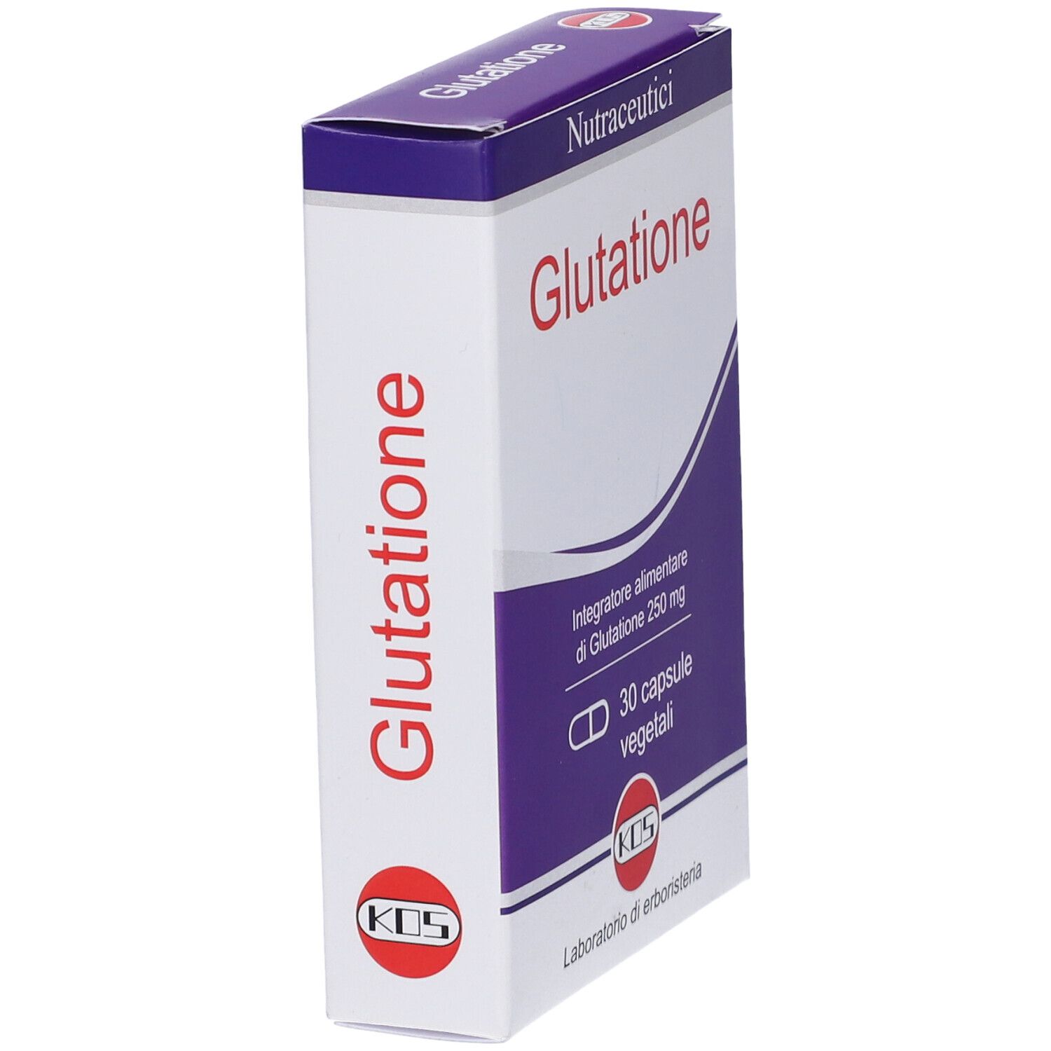 Confezione di capsule di glutatione KOS, in diagonale. Mostra il nome del prodotto, il logo e le informazioni. Contiene 30 capsule.