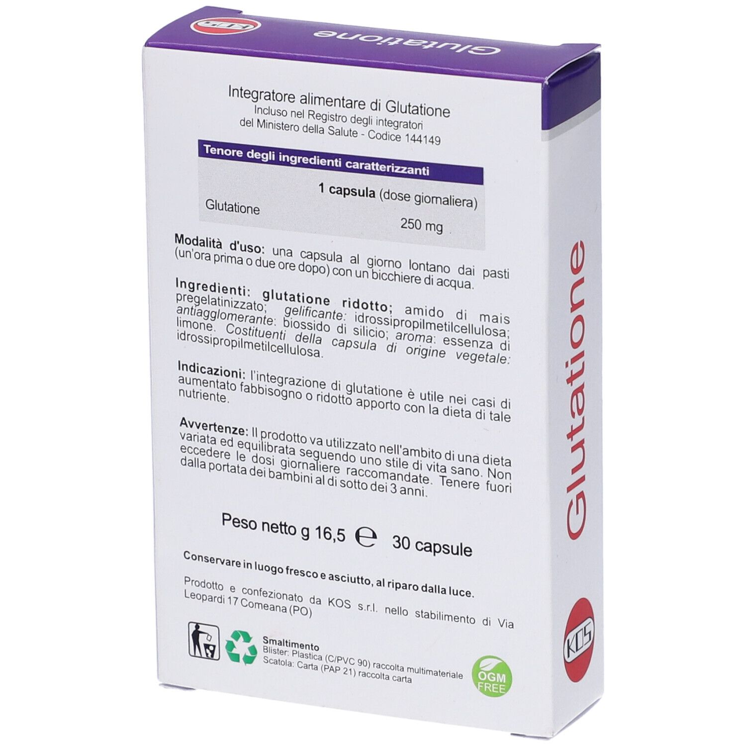 Retro della confezione di capsule di glutatione KOS. Mostra ingredienti, dosaggio, avvertenze e logo KOS.