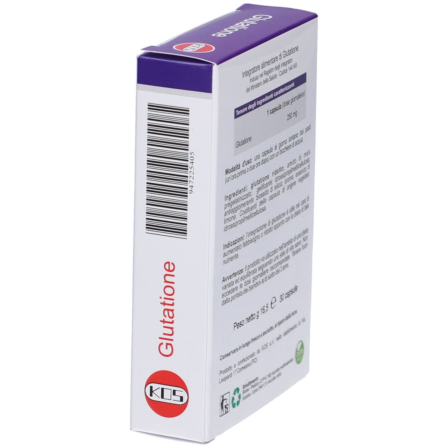 Confezione di capsule di glutatione KOS, in diagonale. Mostra il nome del prodotto, il logo e le informazioni. Contiene 30 capsule.