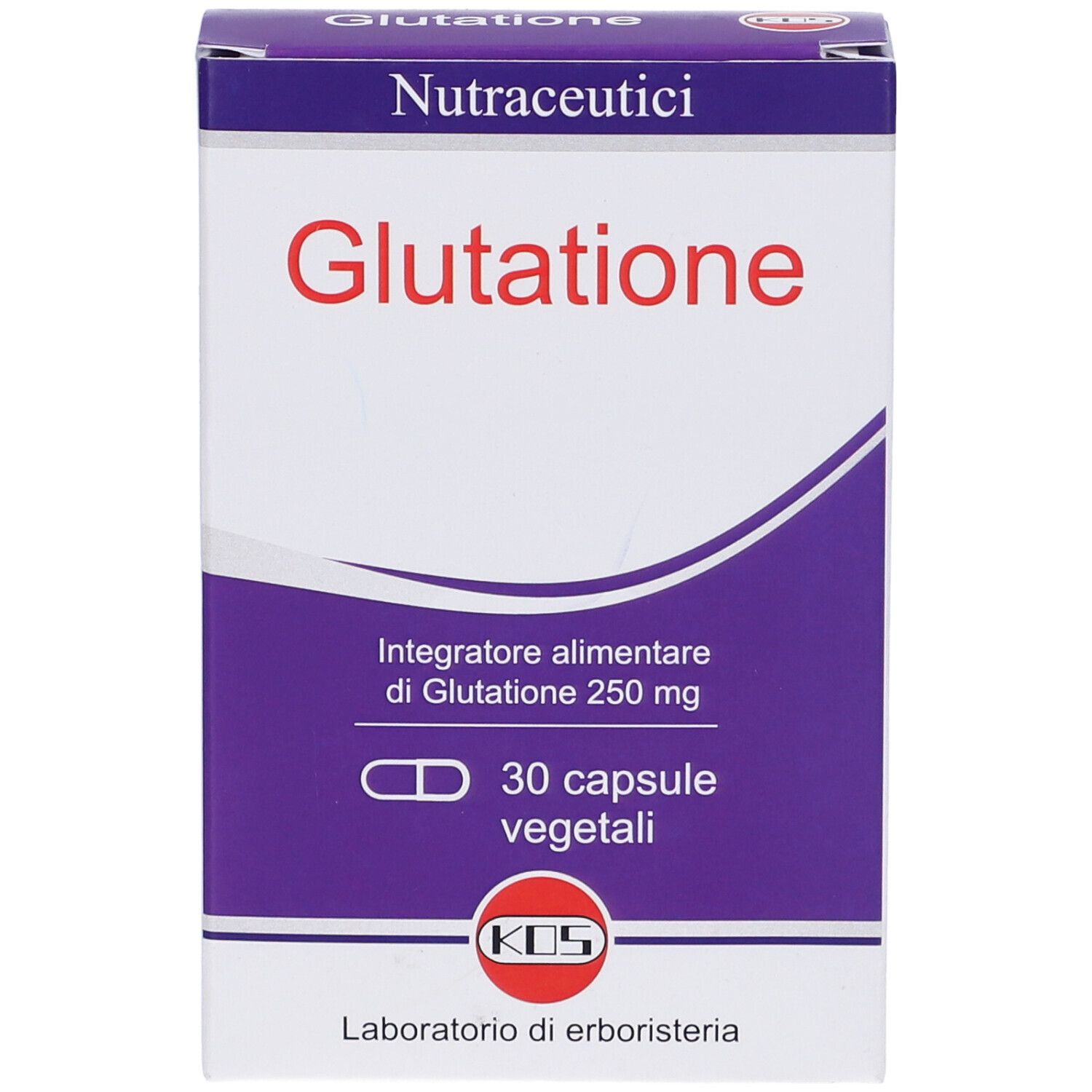 Confezione di capsule di glutatione KOS. Scatola bianca e viola con nome del prodotto e logo KOS. Contiene 30 capsule.