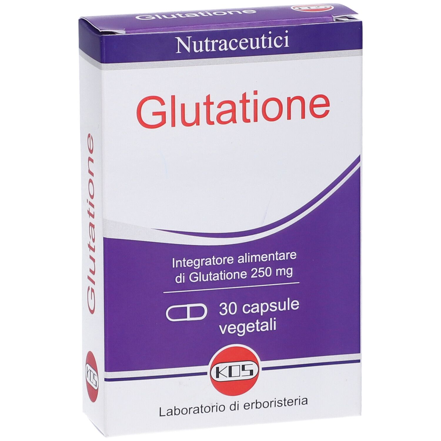 Confezione di capsule di glutatione KOS. Scatola bianca e viola con nome del prodotto e logo KOS. Contiene 30 capsule.