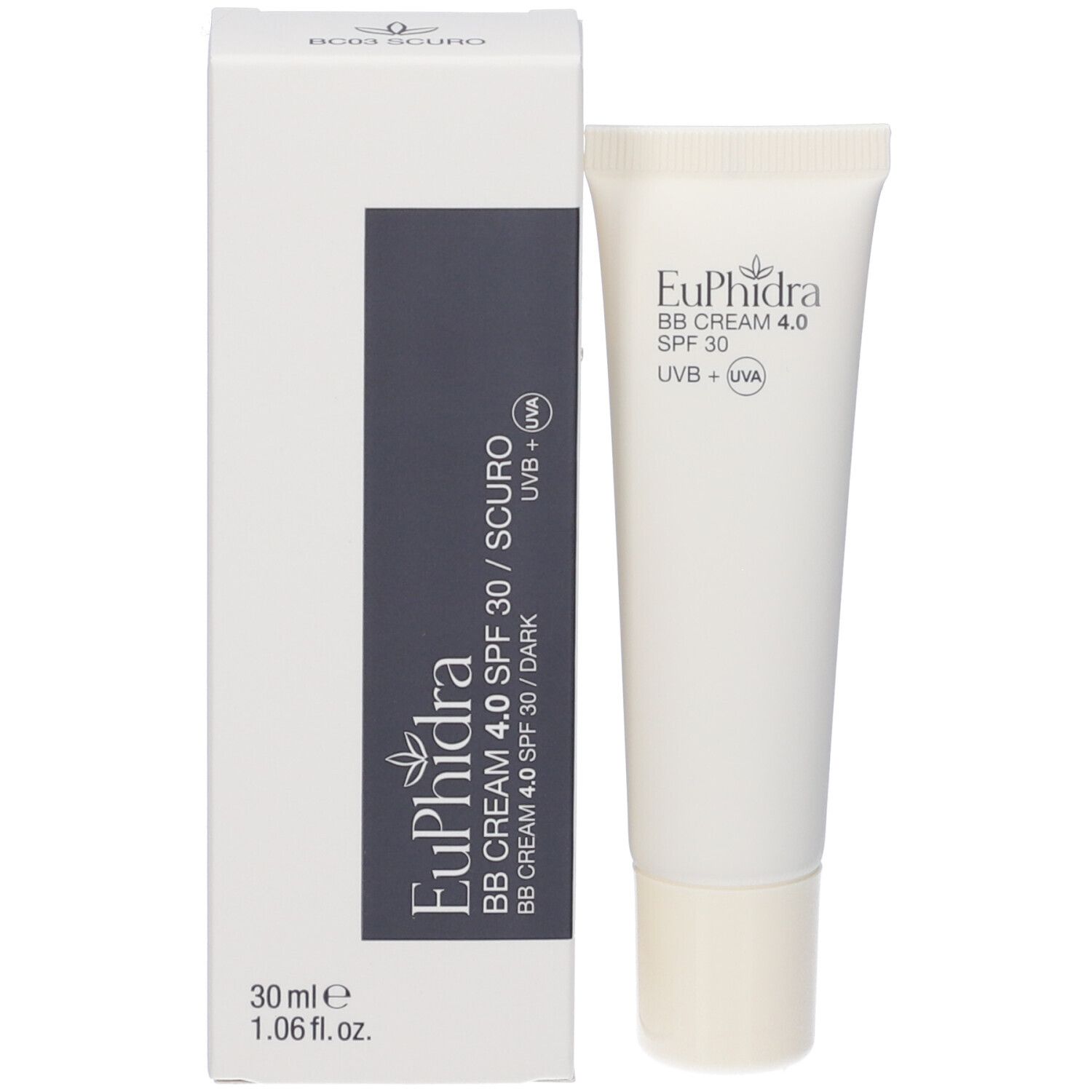EuPhidra BB Cream 4.0 SPF 30 e confezione. Scritta: BC03 SCURO, 30 ml.
