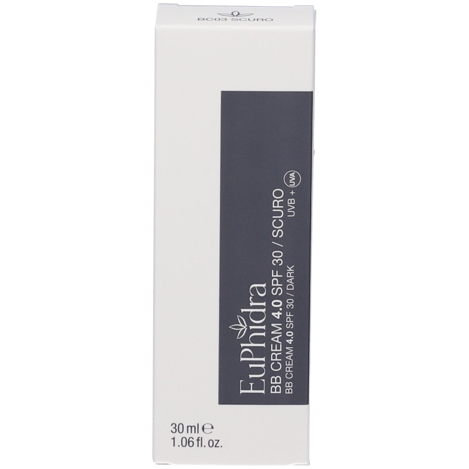 Confezione bianca con scritta: EuPhidra BB Cream 4.0 SPF 30 / SCURO, 30 ml.