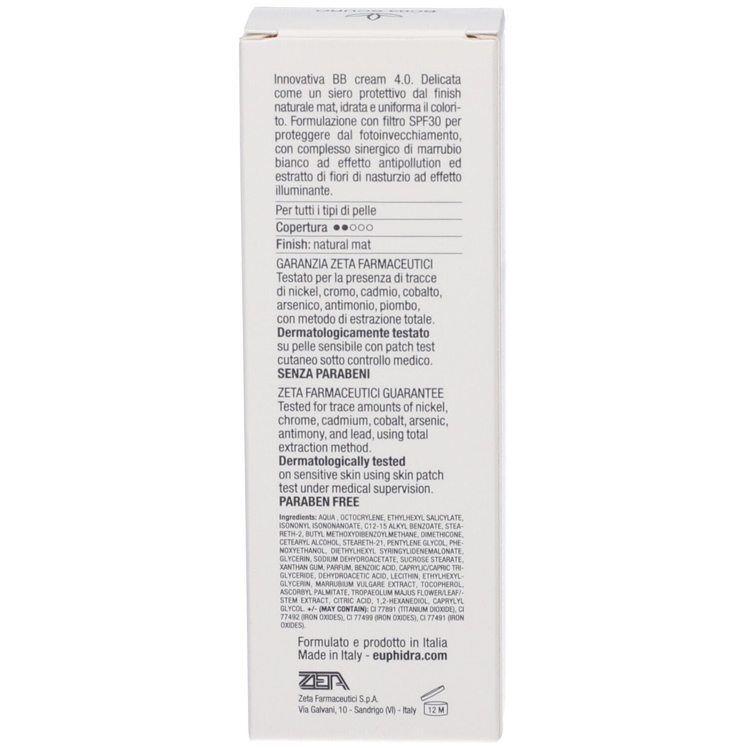 Retro della confezione. Testo su ingredienti, produttore e certificazioni.