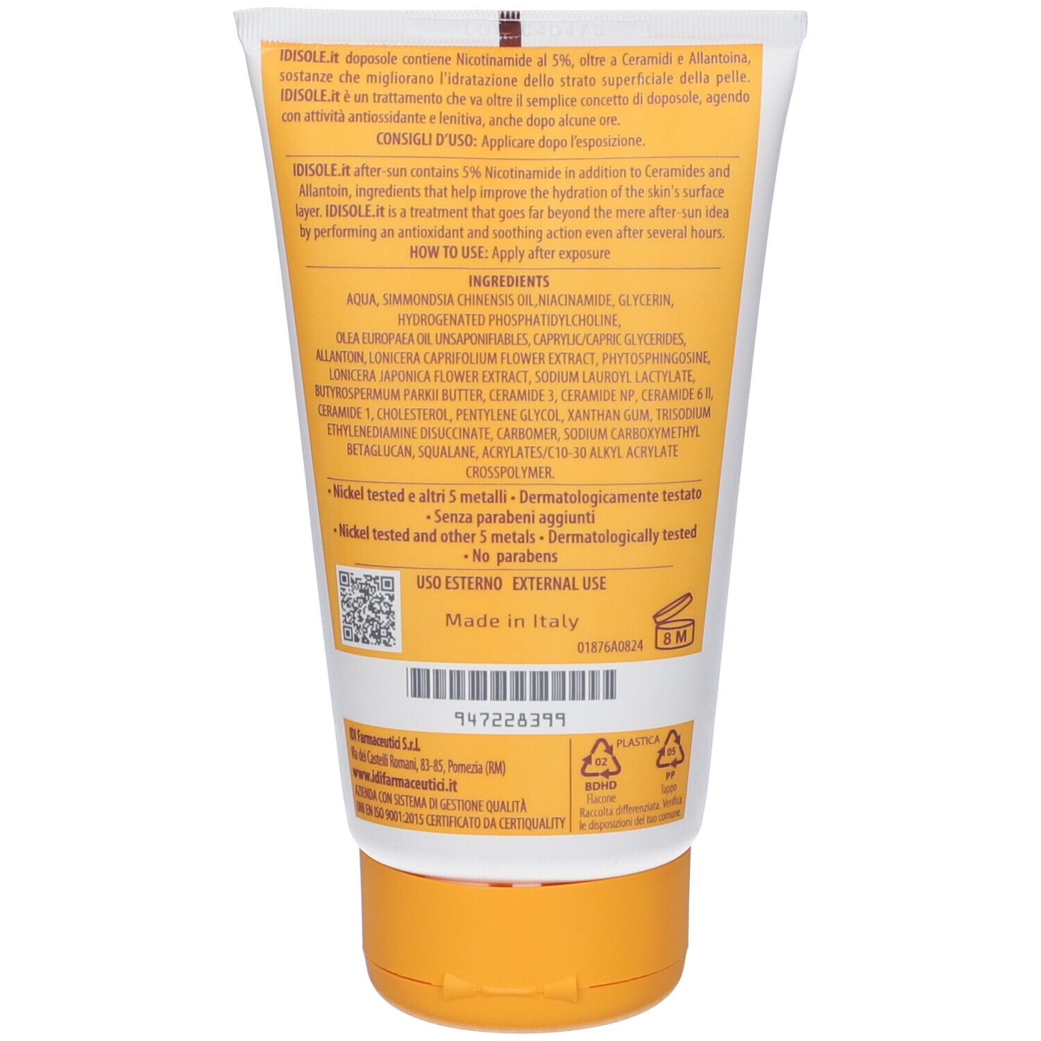 Retro del tubo di crema. Contiene ingredienti e istruzioni per l'uso. Prodotto in Italia.