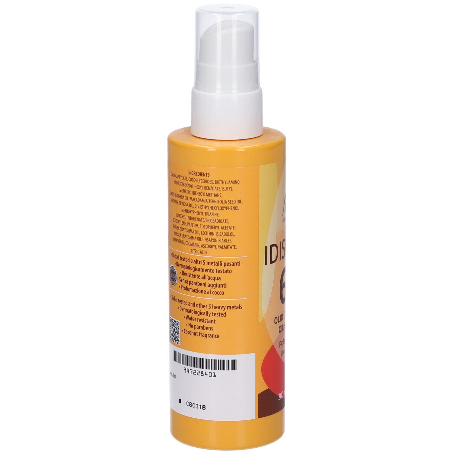 Retro del flacone giallo. Testo: Ingredienti, dermatologicamente testato, senza parabeni, profumo di cocco.