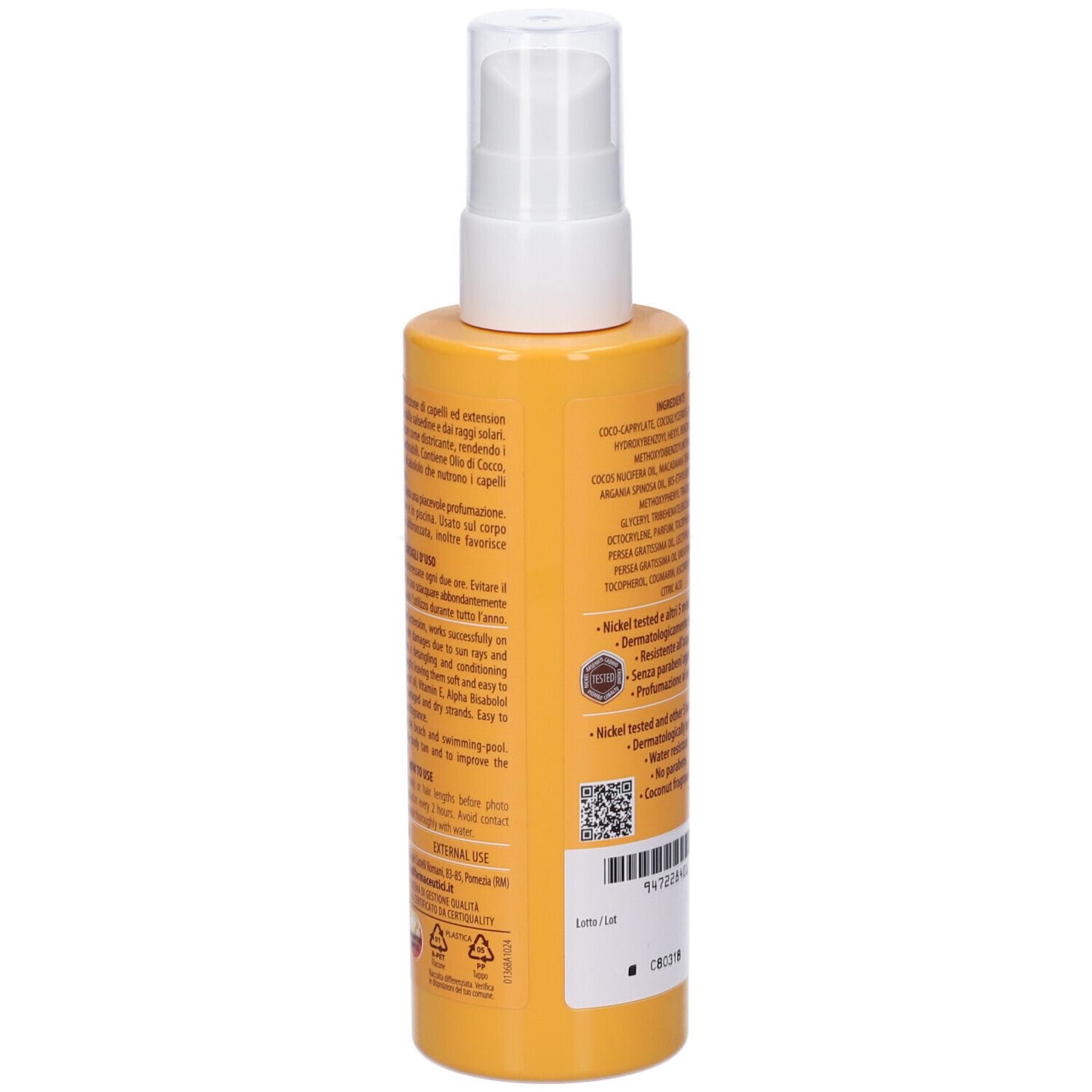 Retro del flacone giallo. Testo: Istruzioni per l'uso, ingredienti, dermatologicamente testato, senza parabeni.