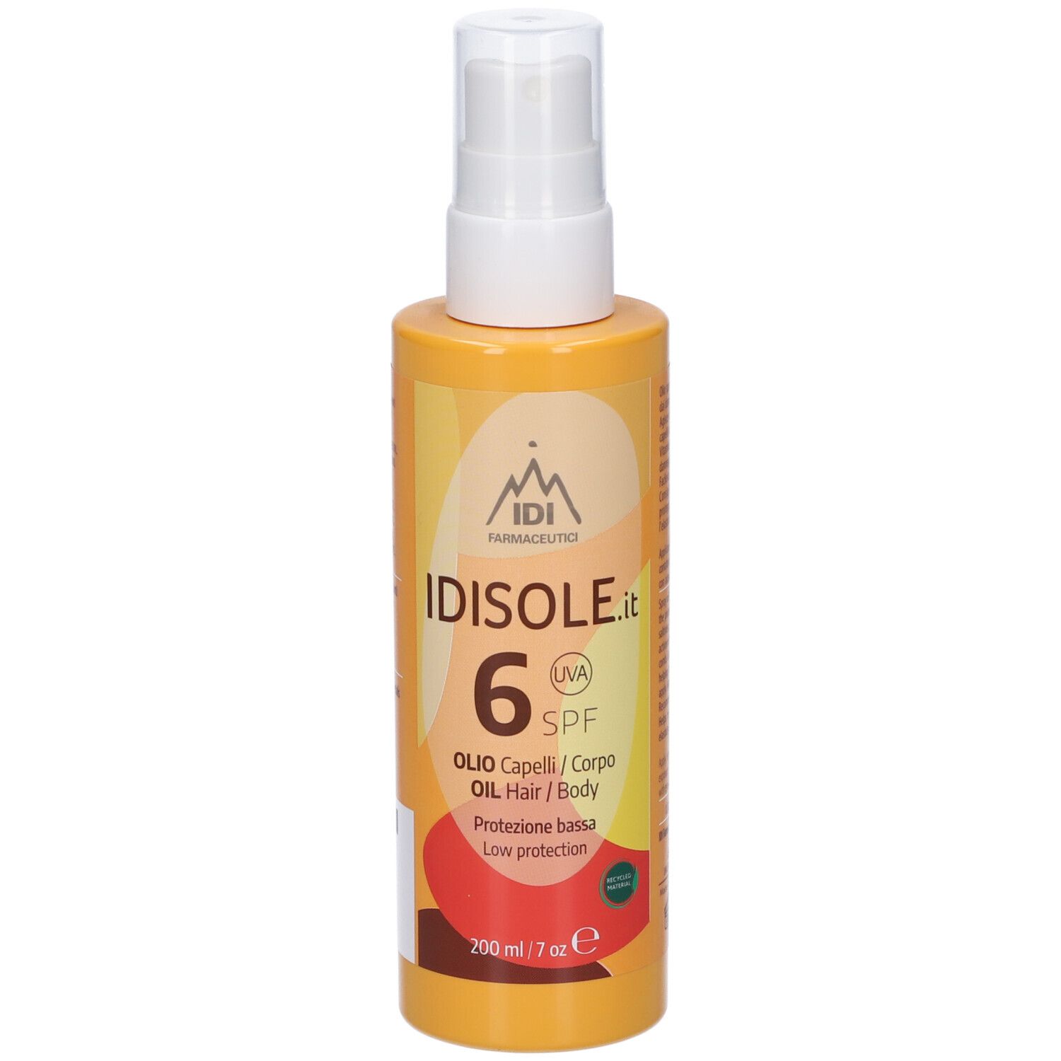Flacone giallo con erogatore bianco. Scritta: Idisole.it, 6 SPF, Olio Capelli/Corpo, 200 ml.
