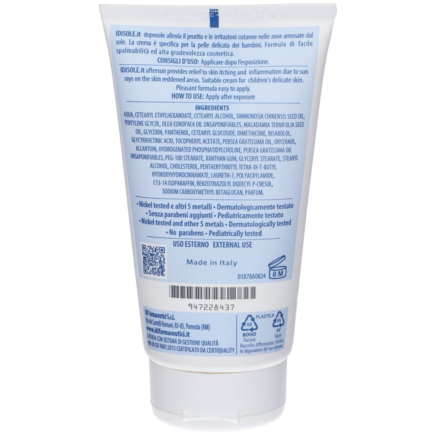 Retro del tubo crema. Ingredienti, consigli d'uso. Dermatologicamente testato. Senza parabeni. Made in Italy.