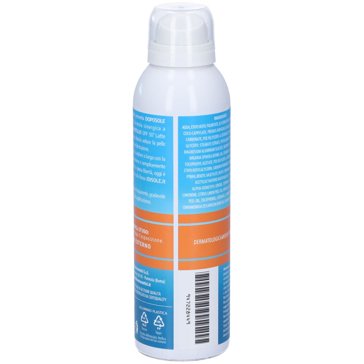 Flacone spray bianco con etichette blu e arancioni. Testo: Idisole Nautilus Doposole. Codice a barre e simboli di riciclaggio.