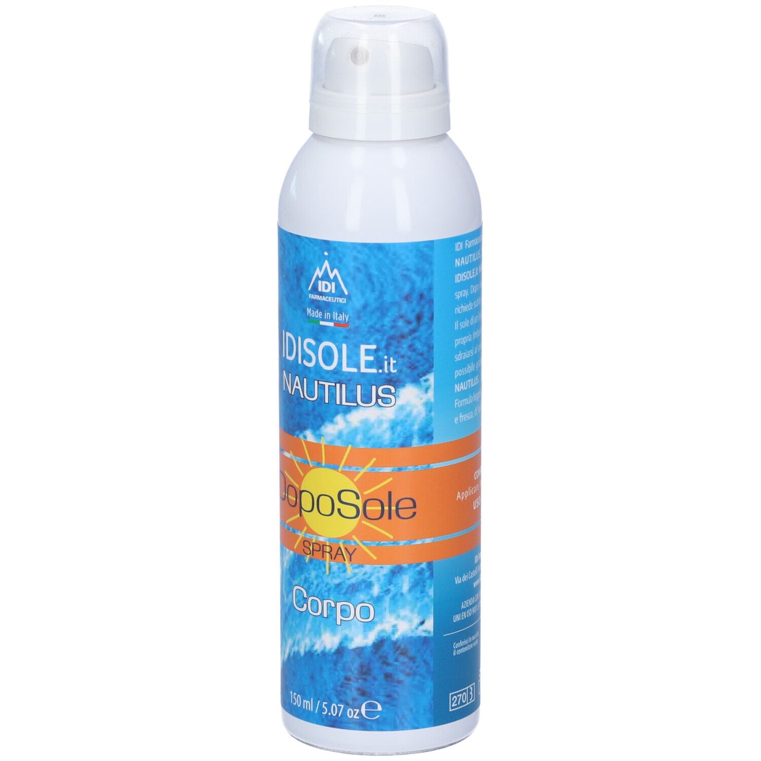 Flacone spray bianco con etichette blu e arancioni. Testo: Idisole.it Nautilus Doposole Spray Corpo. Logo e 150 ml.