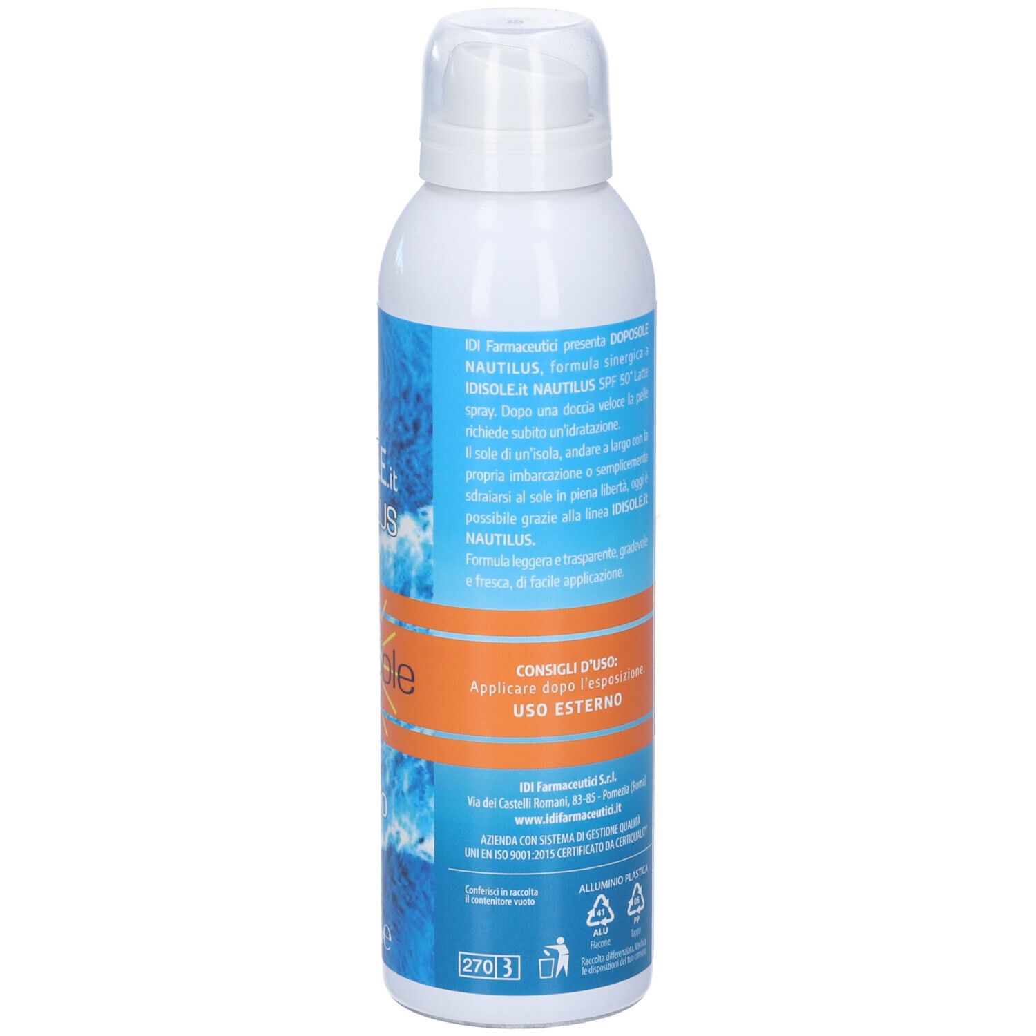 Flacone spray bianco con etichette blu e arancioni. Testo: Idisole Nautilus Doposole. Consigli d'uso e informazioni del produttore.