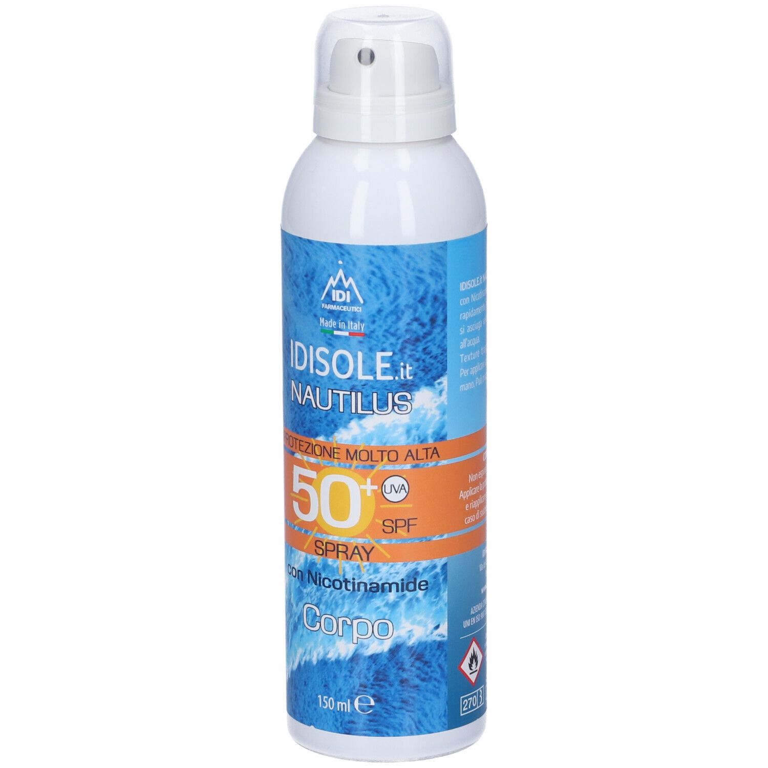 Flacone spray bianco con etichetta blu-arancione. Testo: Idisole.it Nautilus, SPF 50+ Spray, con Nicotinamide, Corpo. 150 ml. Simbolo di fiamma.