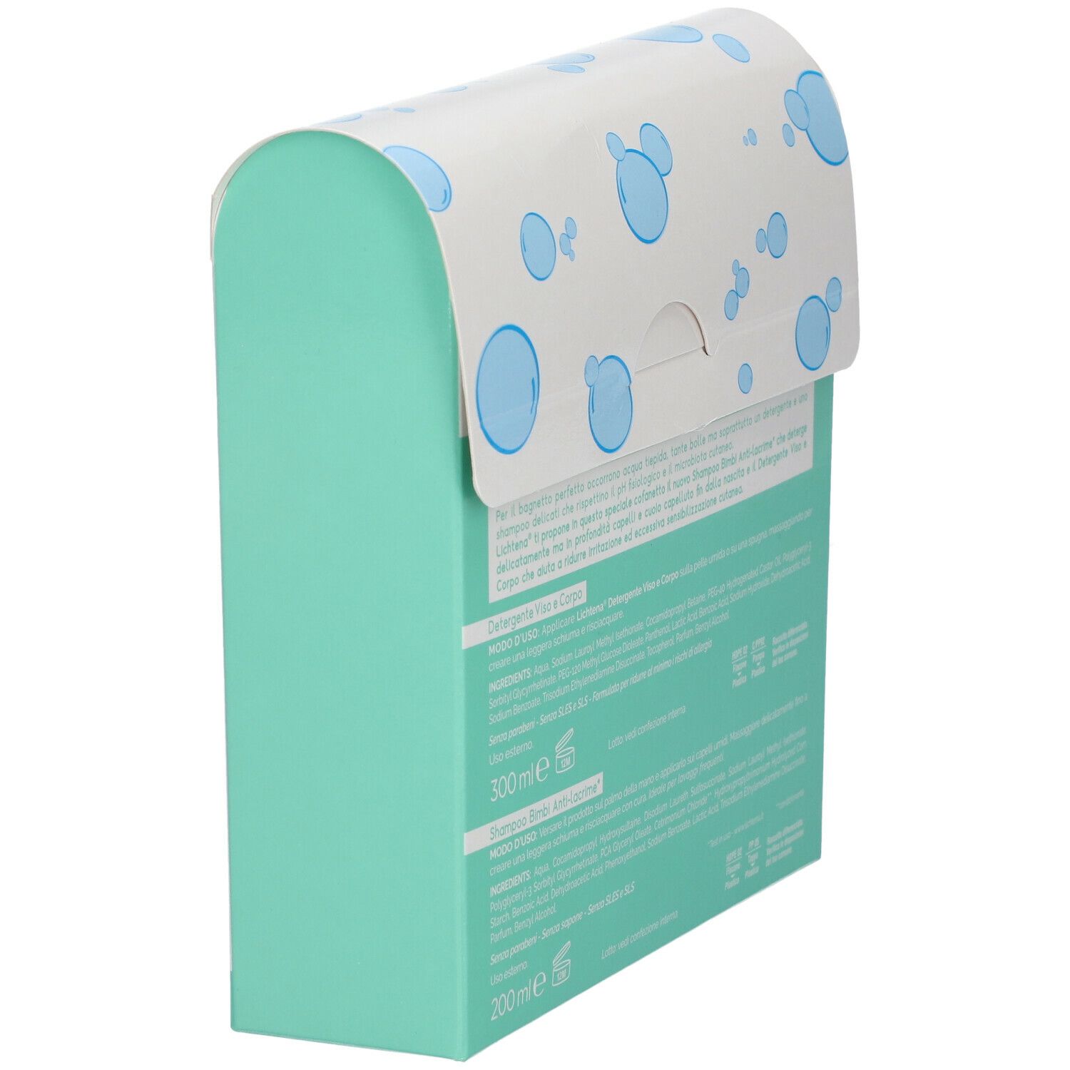 Vista laterale della confezione. Testo: ingredienti, istruzioni per l'uso. Due flaconi da 300ml e 200ml. Marchio: Lichtena.
