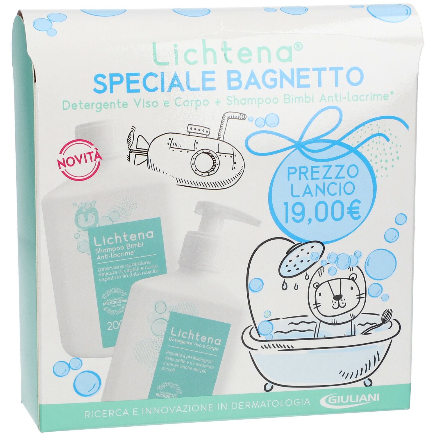Confezione con due flaconi. Scritta: Lichtena Speciale Bagnetto. Illustrazione: sottomarino, bagno con leone. Prezzo: 19,00€.