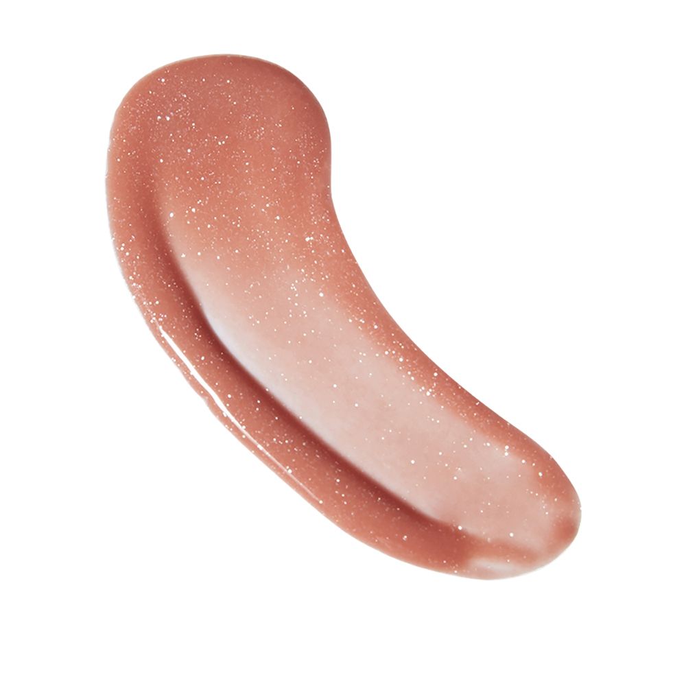 Macchia di lucidalabbra stesa. Tonalità: rosa-marrone con glitter. Texture lucida.