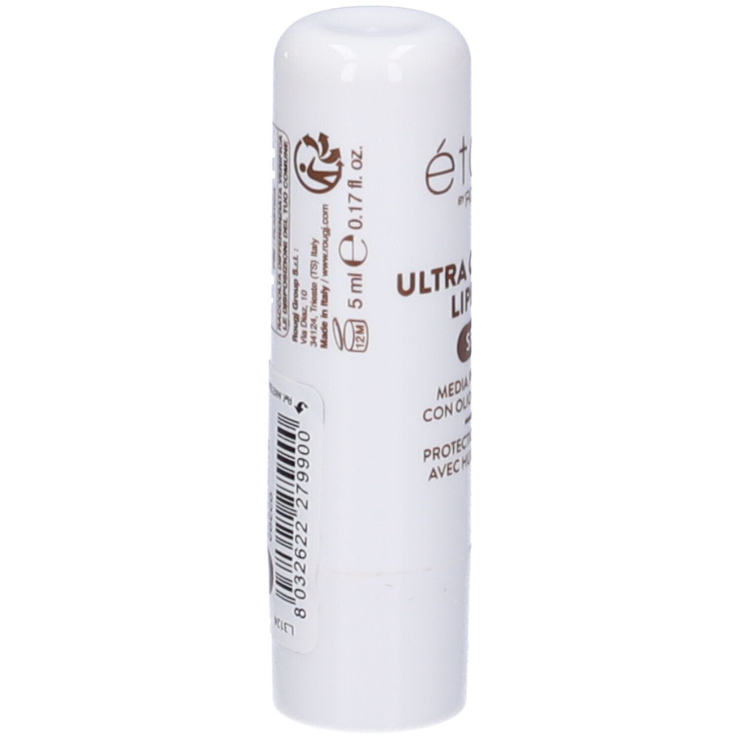 Stick di balsamo labbra bianco. Scritta: Etoile by Rougj. Retro con testo, codice a barre e logo. 5 ml, 0,17 fl. oz.