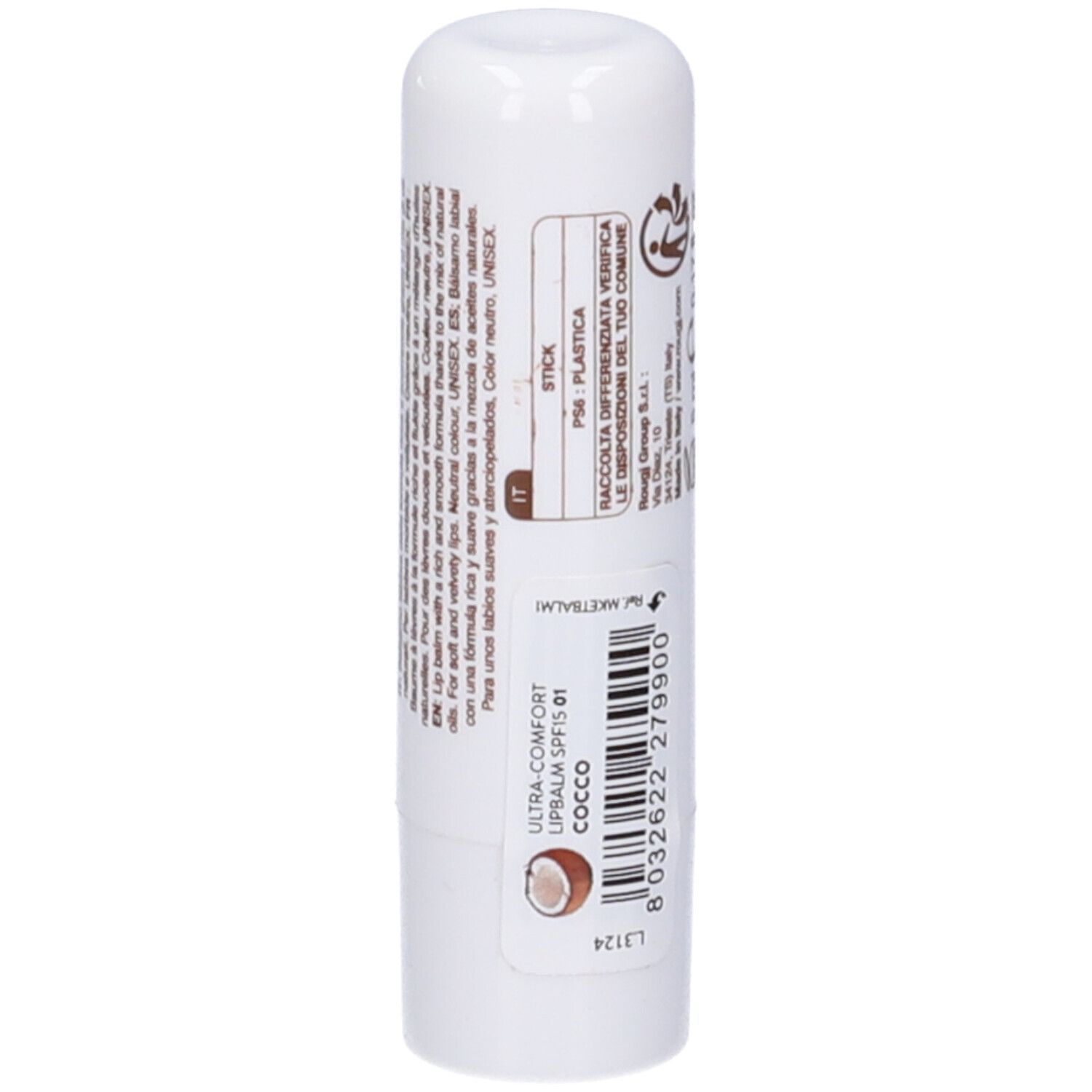 Stick di balsamo labbra bianco. Scritta: Etoile by Rougj. Retro con testo, codice a barre e simbolo di cocco.