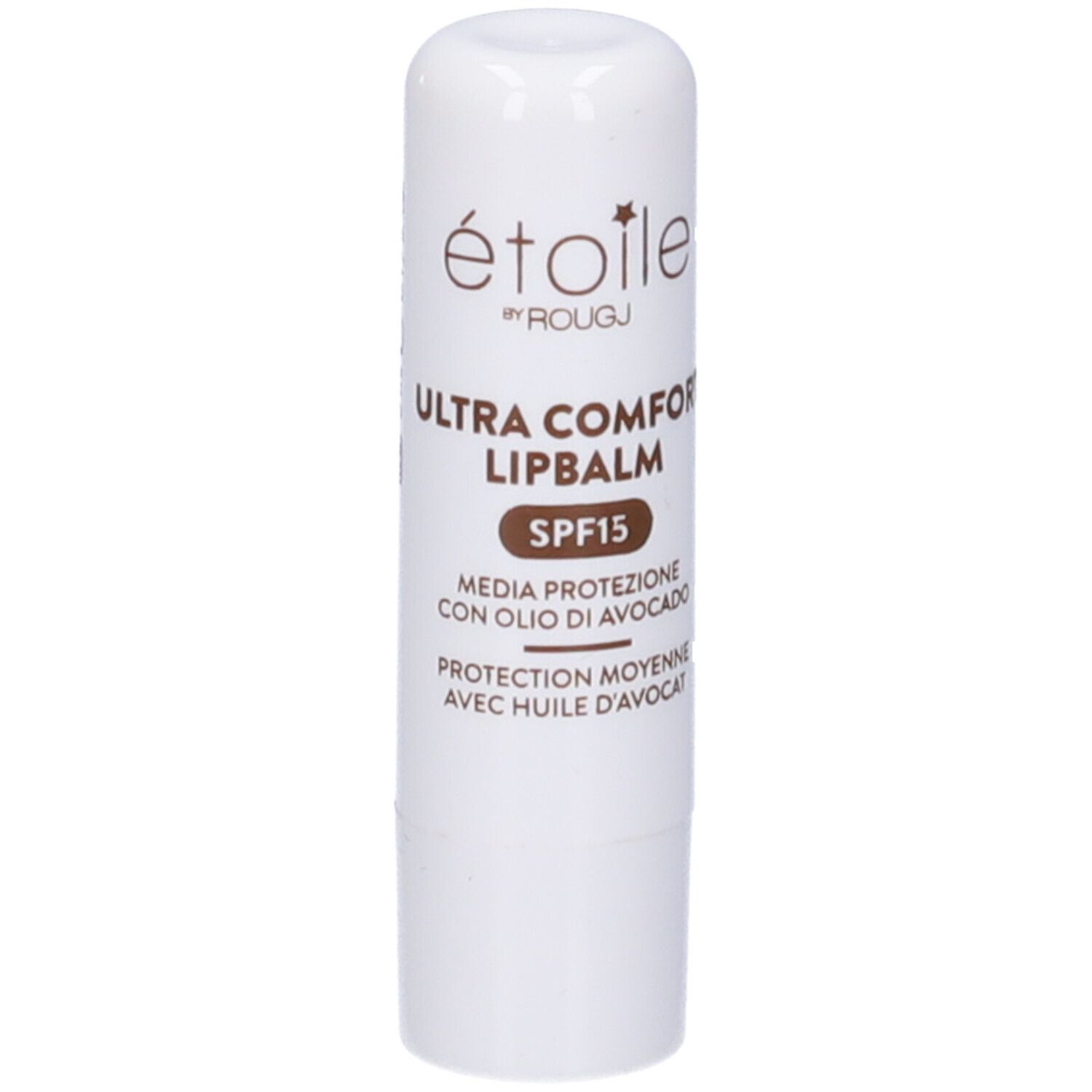 Stick di balsamo labbra bianco. Scritta: Etoile by Rougj, Ultra Comfort Lipbalm SPF15. Testo in italiano e francese.