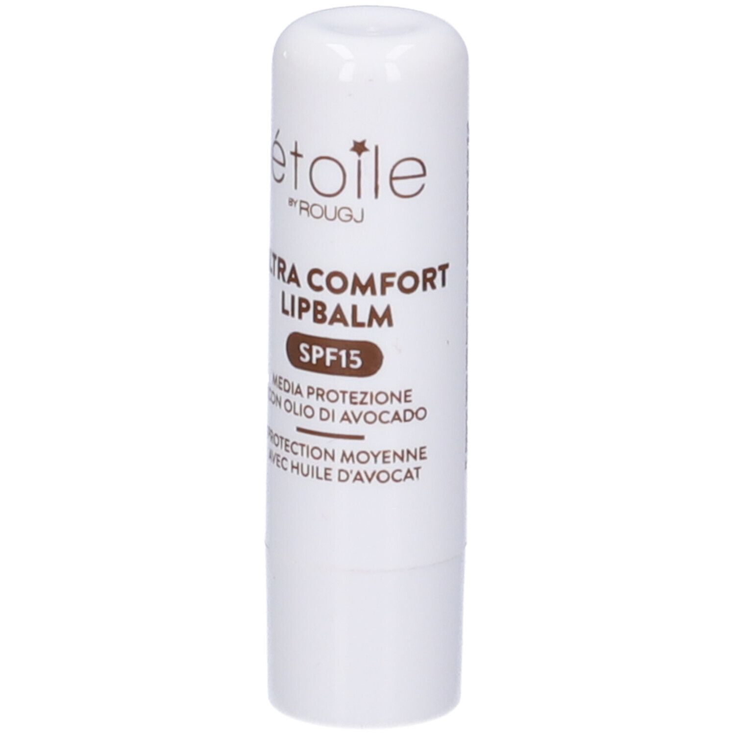 Stick di balsamo labbra bianco. Scritta: Etoile by Rougj, Ultra Comfort Lipbalm SPF15. Testo in italiano e francese.