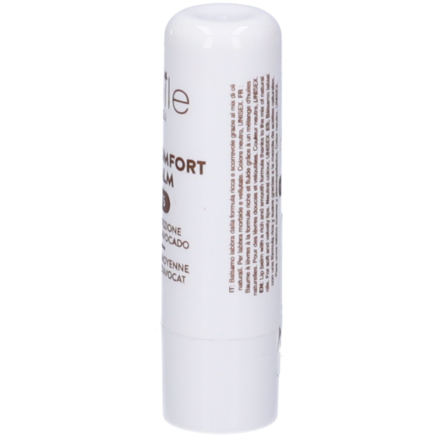 Stick di balsamo labbra bianco. Scritta: Etoile by Rougj, Ultra Comfort Lipbalm SPF15. Retro con testo.