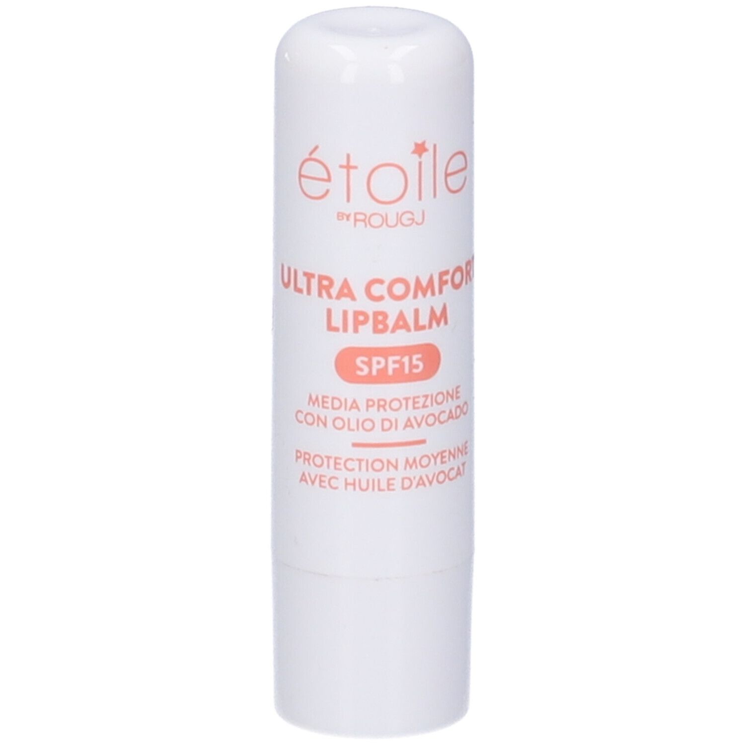 Stick di balsamo labbra bianco con testo rosa. Testo: Etoile, Ultra Comfort Lipbalm SPF15. Con olio di avocado.