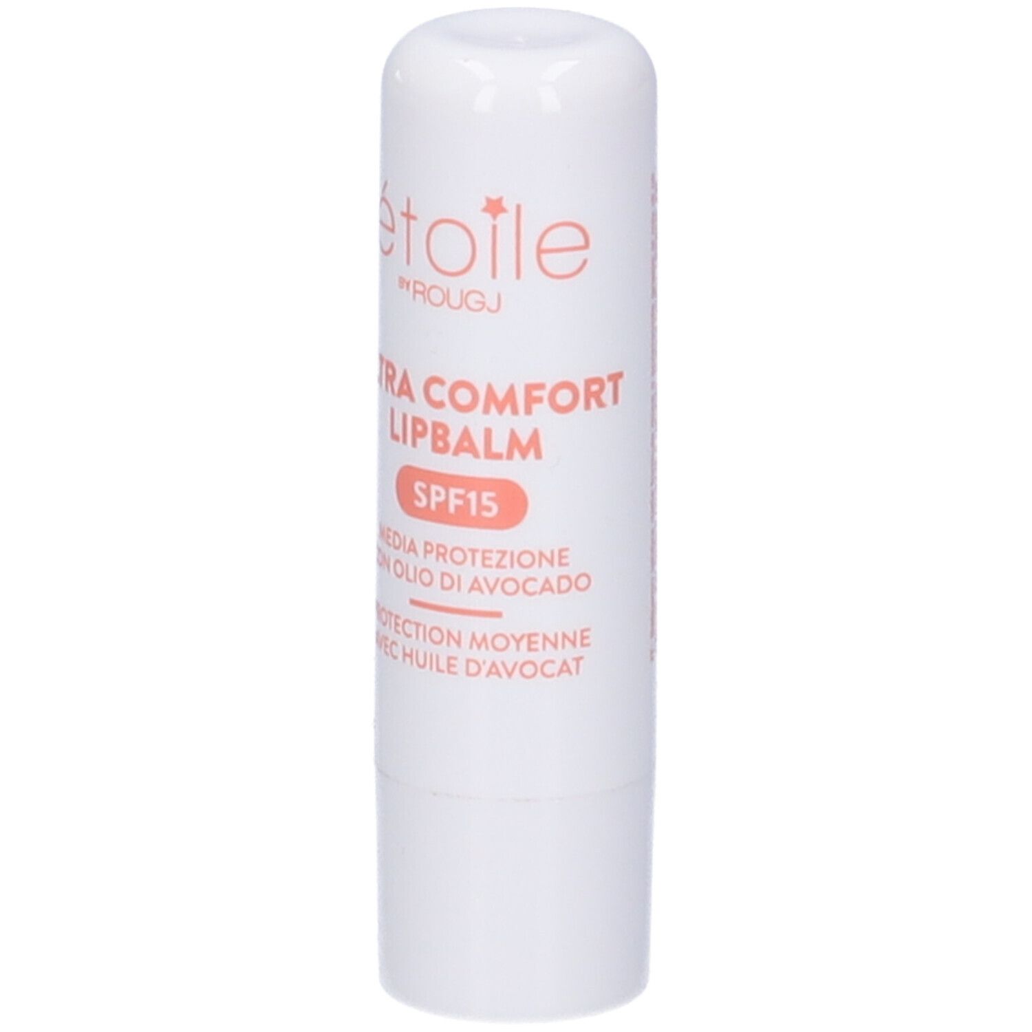 Stick di balsamo labbra bianco con testo rosa. Testo: Etoile, Ultra Comfort Lipbalm SPF15. Con olio di avocado.